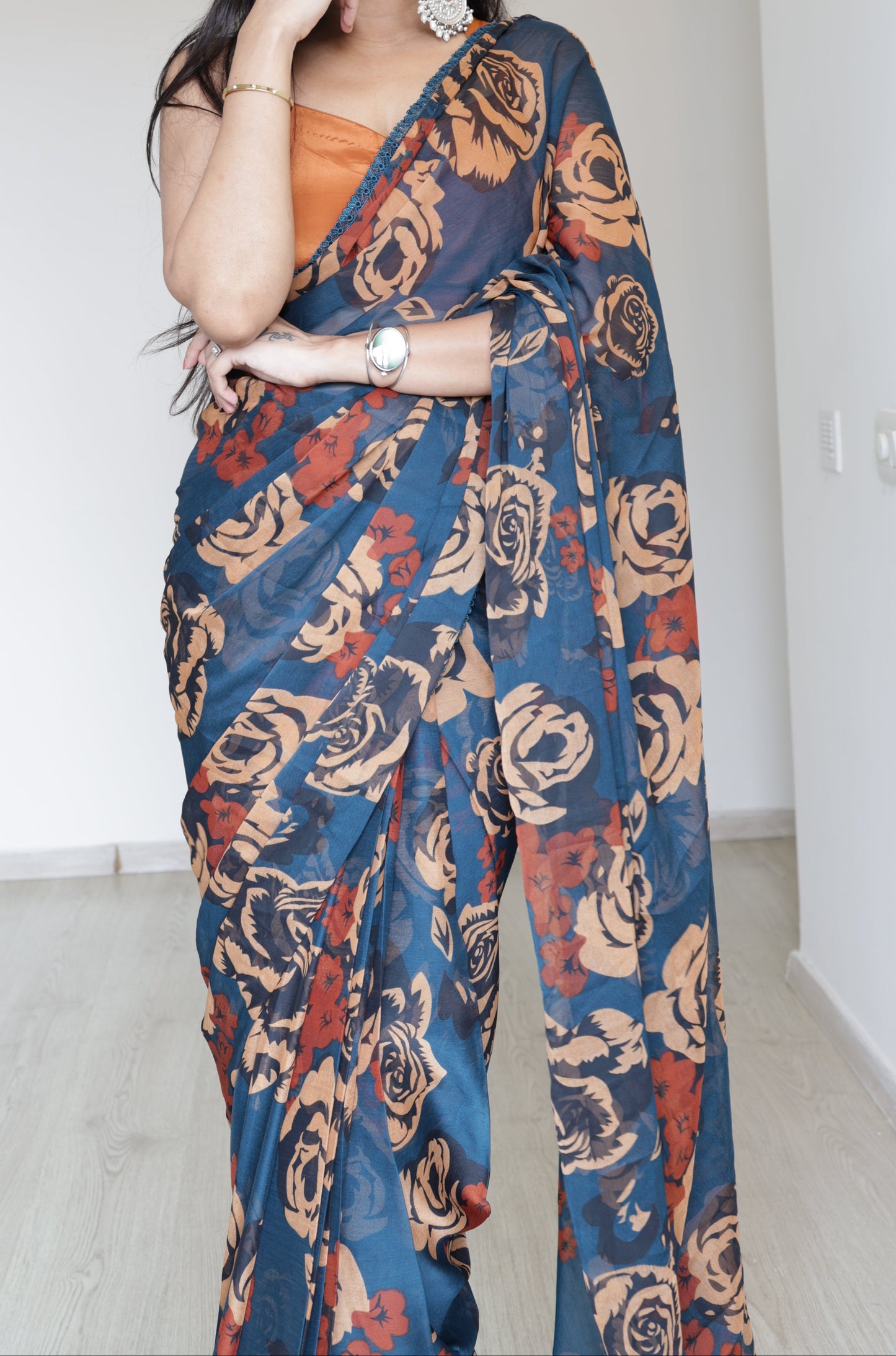 #MBA2139 Blue-rust floral 1 min saree and blouse