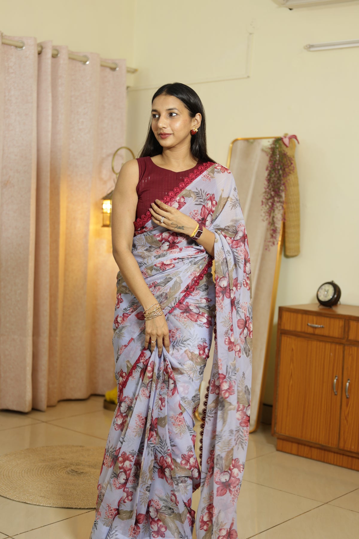 Powder grey floral 1 min saree and blouse