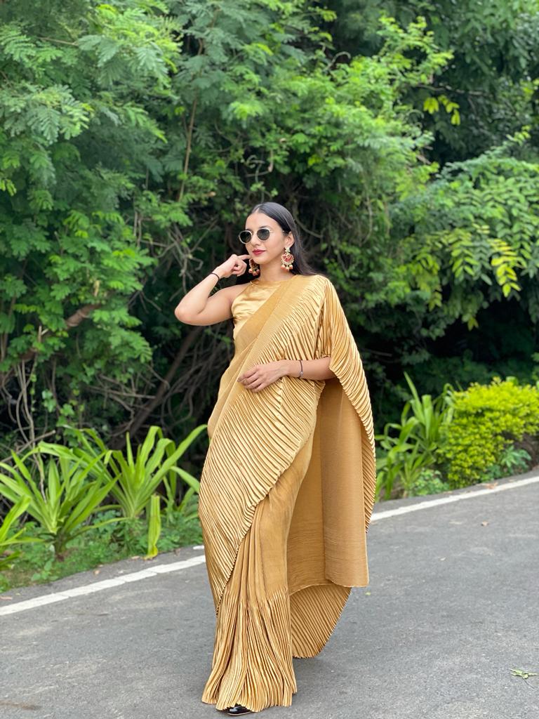 #MBA1987 Golden satin pleated 1 min saree and blouse