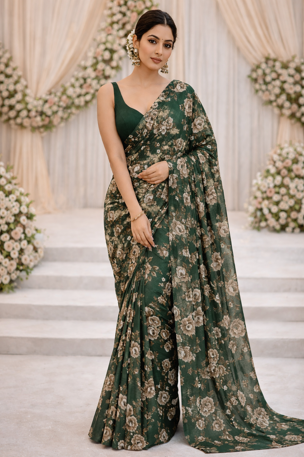 #MBA2098 Bottle Green rose 1 min saree and blouse