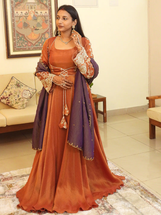 #MBA2046 Pure tissue silk anarkali, jacket and dupatta- Rust