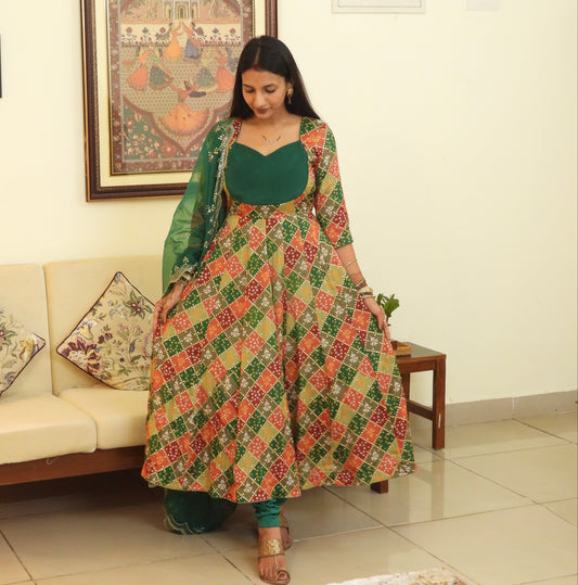 #MBA2047 Pure Chinon Silk Embroidered Anarkali Set - Green