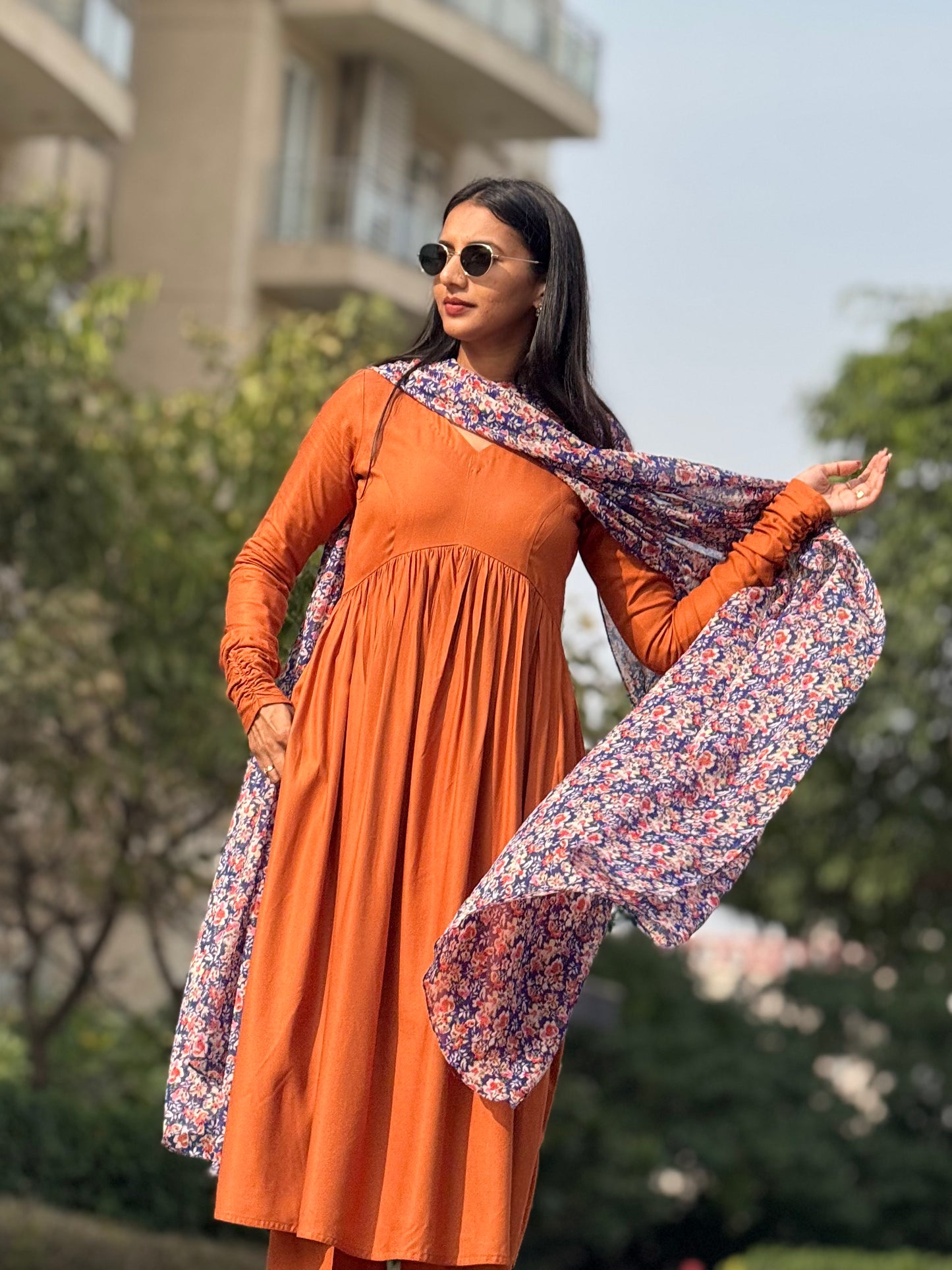 #MBA1856 Ruhaniyat kurta pant with dupatta-rust orange