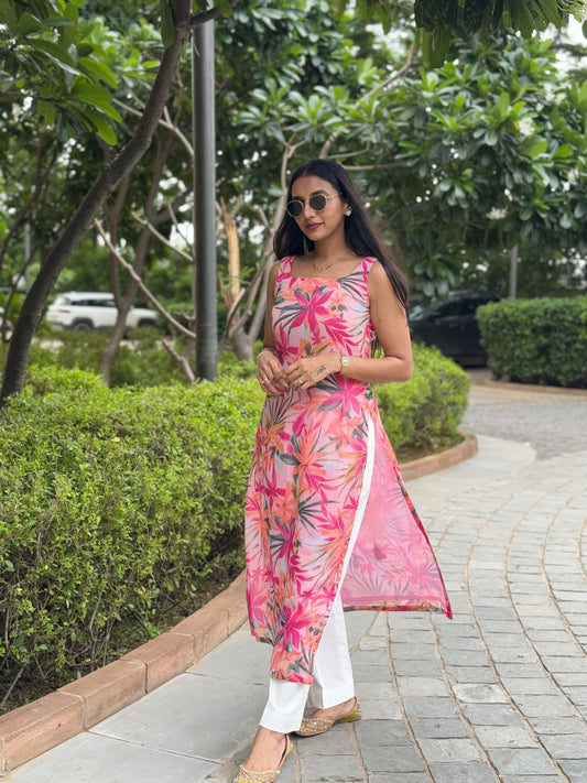 #MBA1994 Floral straight kurta- Tropical pink