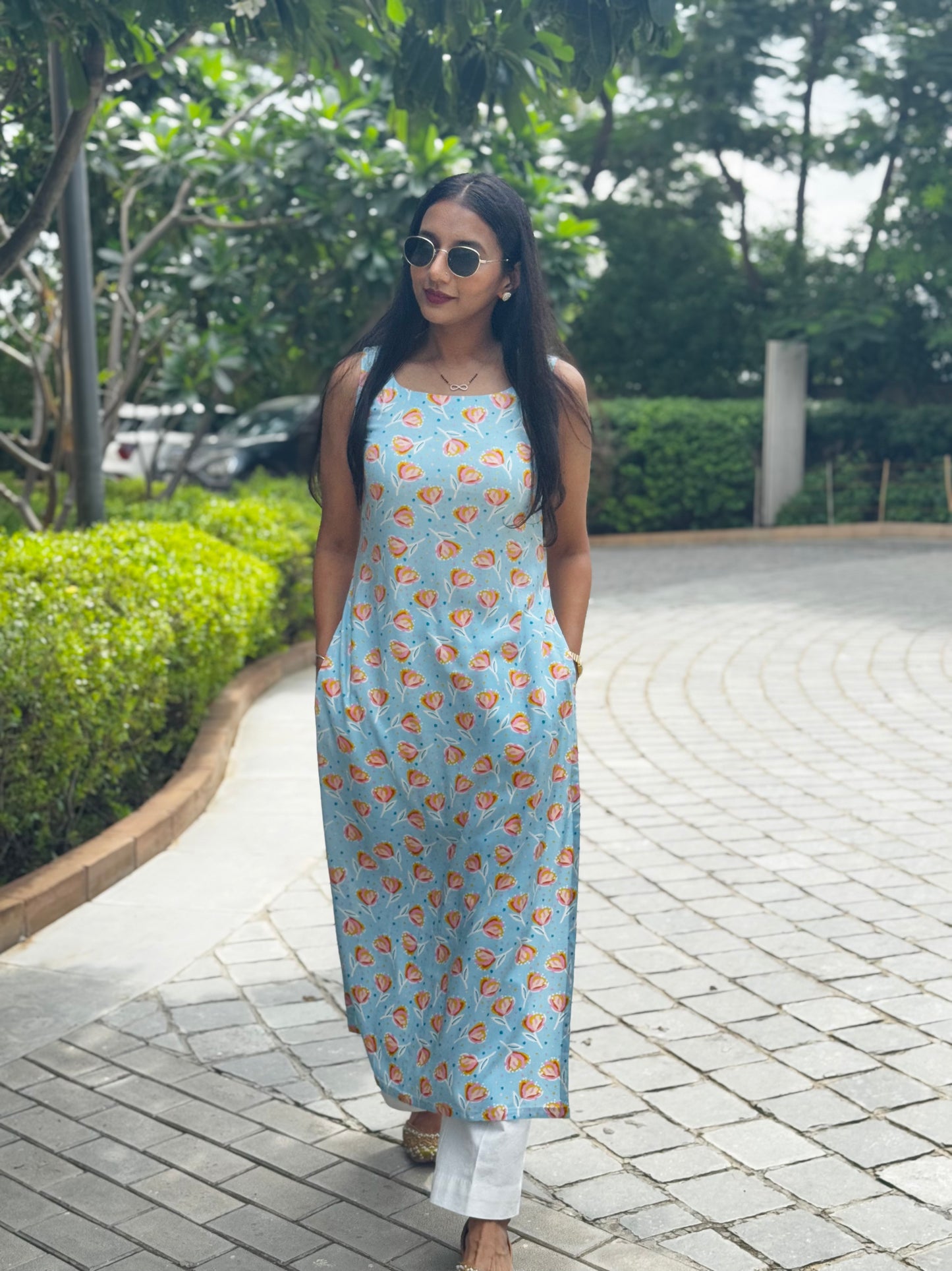 #MBA1995 Floral straight kurta- Sky blue