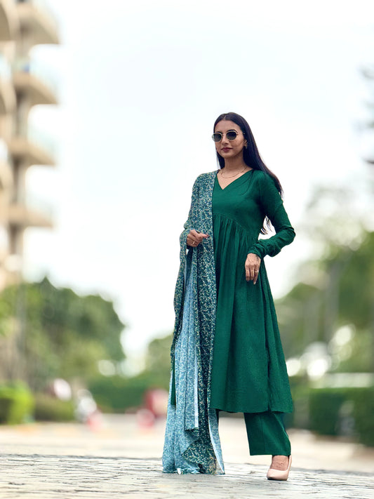 #MBA1855 Ruhaniyat kurta pant with dupatta-bottle green