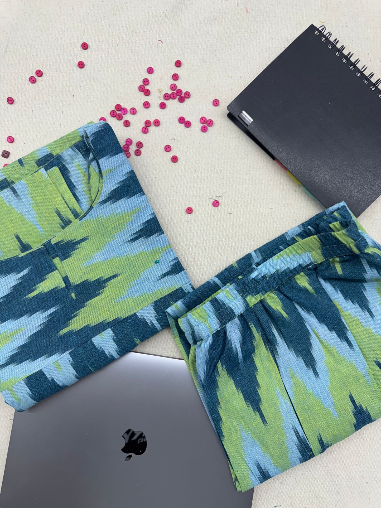 #MBA1865 Ikkat 2.0- blue green zigzag kurta and pant