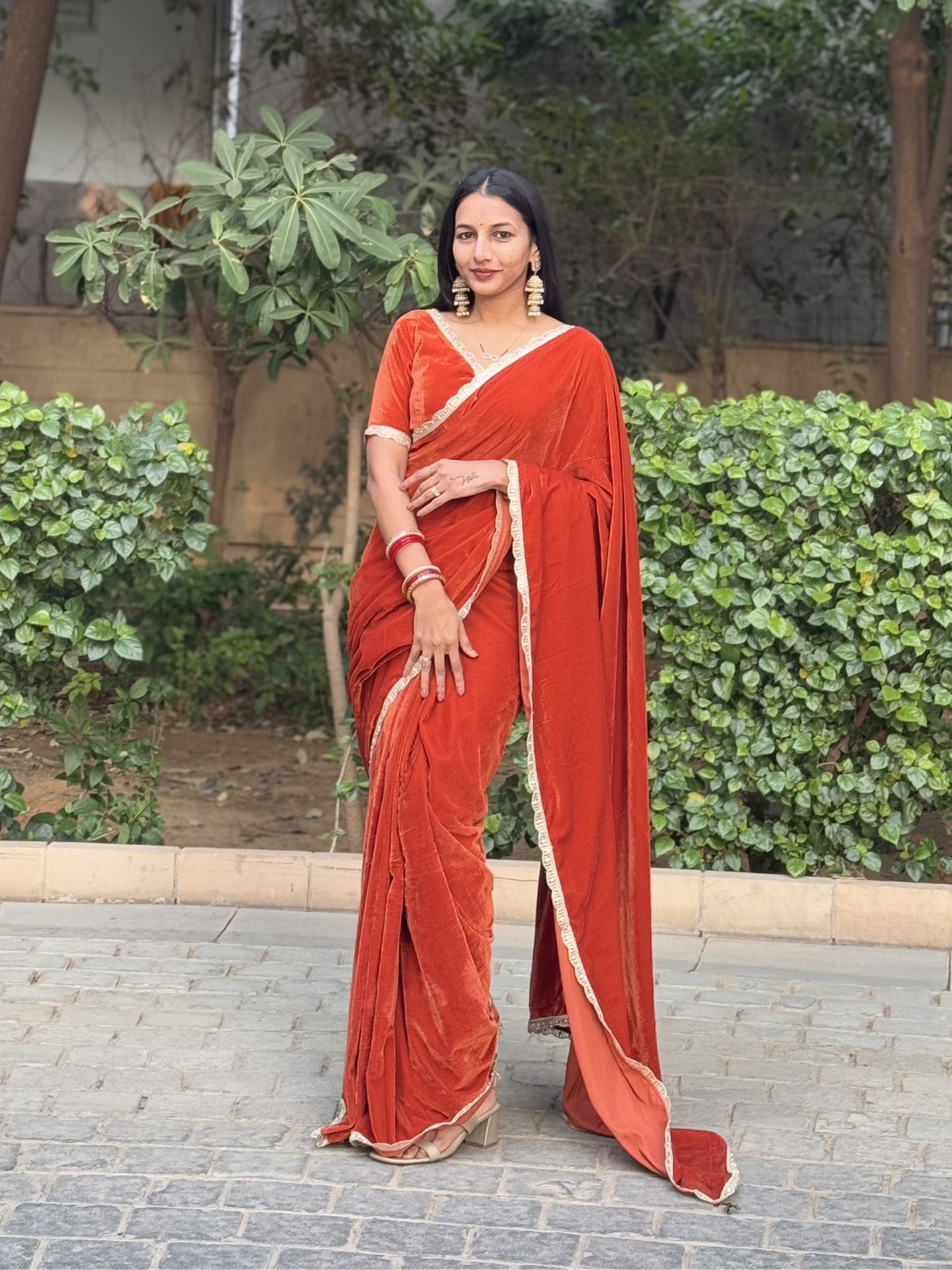 #MBA1726 Mastaani velvet 1 min saree and blouse- Burnt orange
