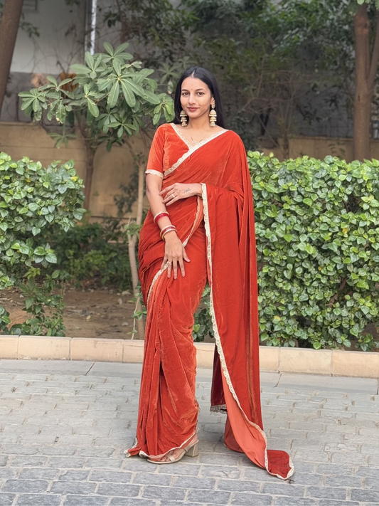 #MBA1726 Mastaani velvet 1 min saree and blouse- Burnt orange