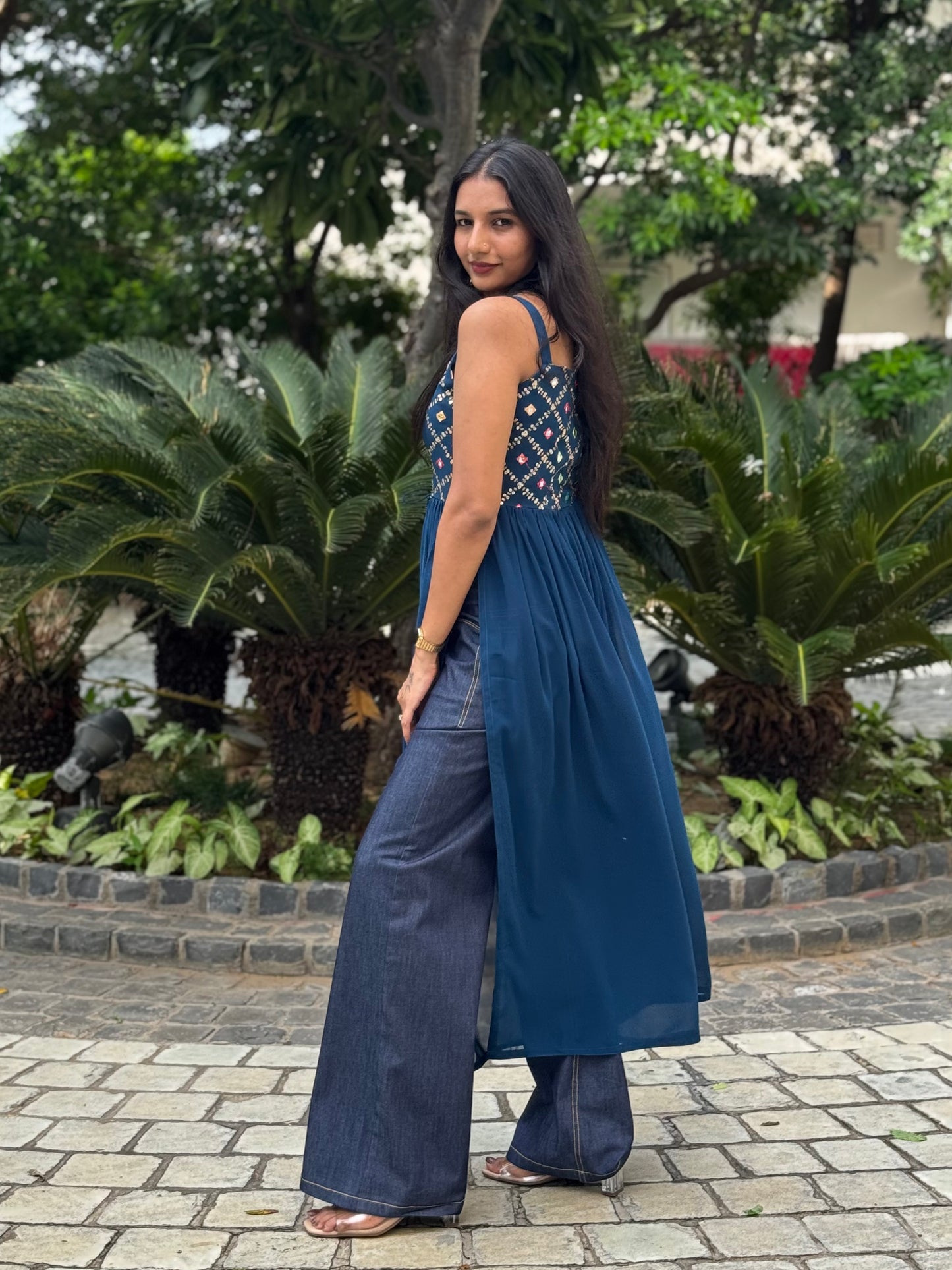 #MBA2001 Sitara side slit kurti- Peacock blue