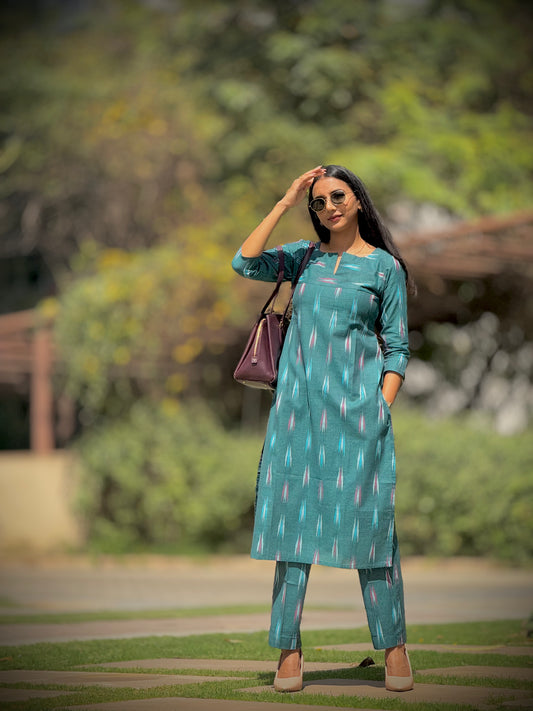 #MBA1864 Ikkat 2.0- dark green kurta and pant