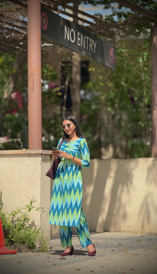 #MBA1865 Ikkat 2.0- blue green zigzag kurta and pant