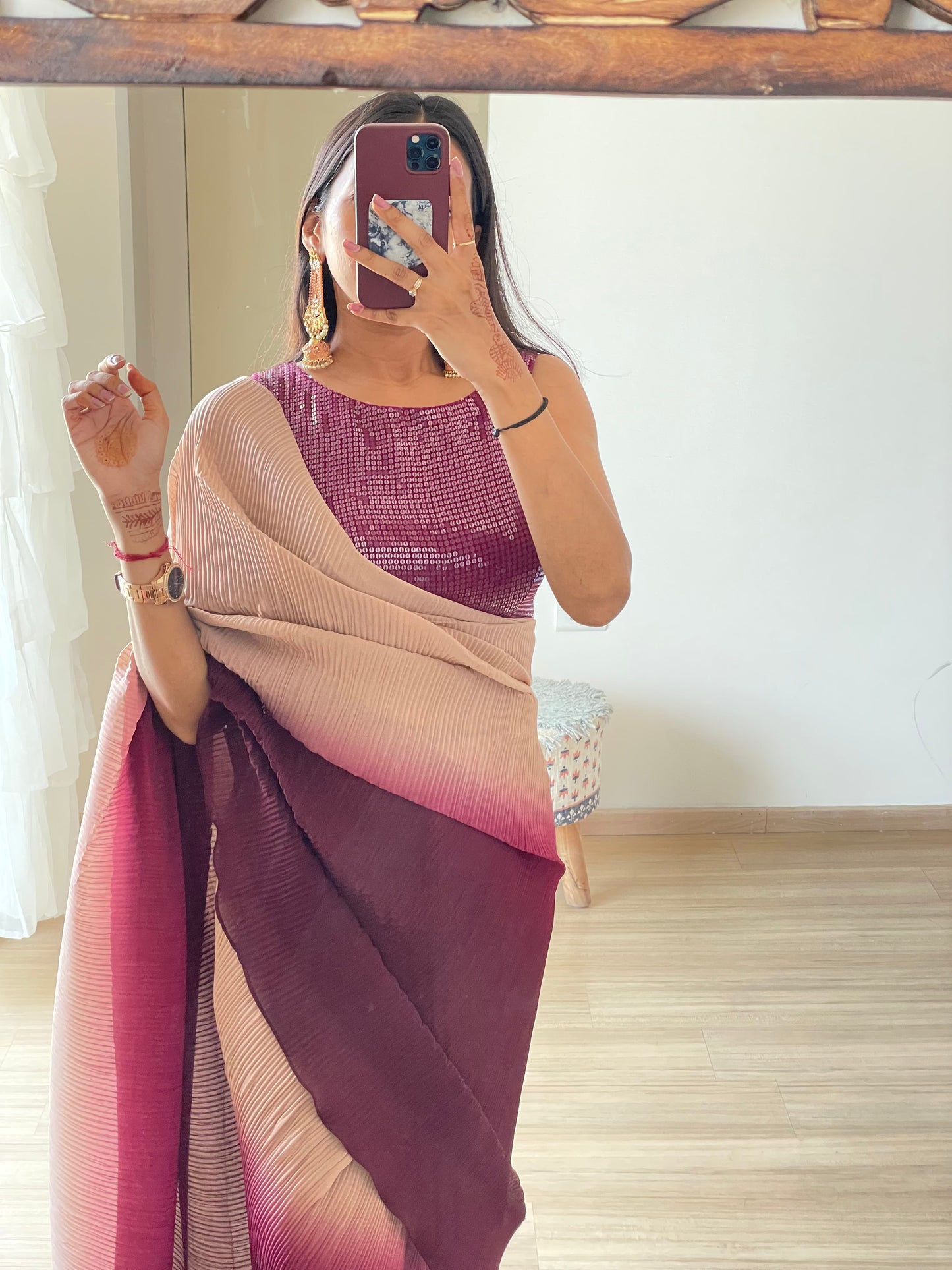 #MBA2058 Wine ombre pleated 1 min saree and sequin blouse