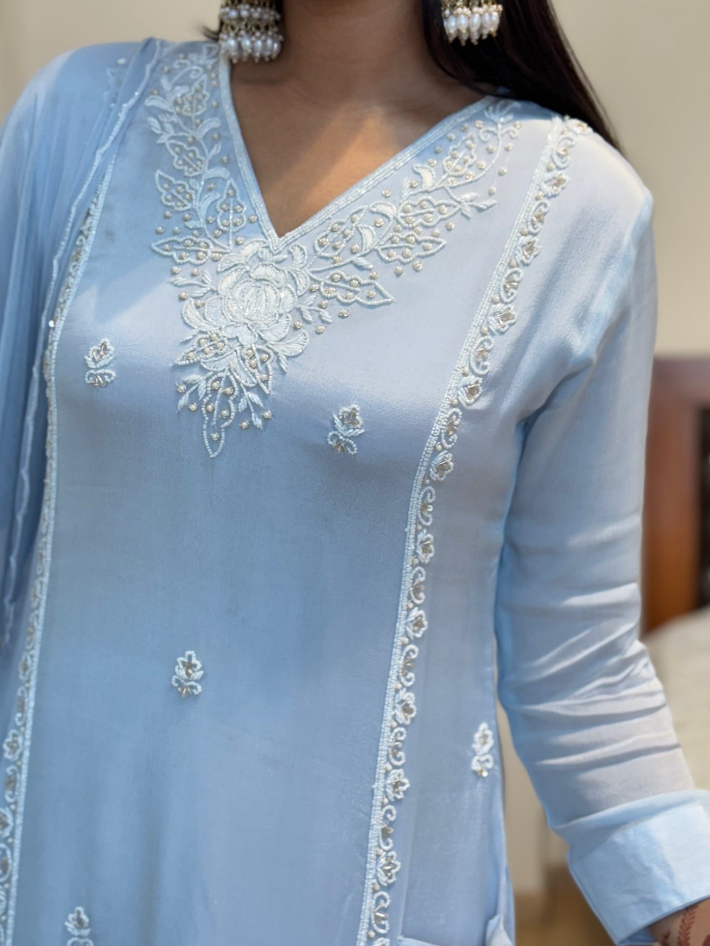 #MBA2025 Pearl embroidery chinon silk suit set- soft blue
