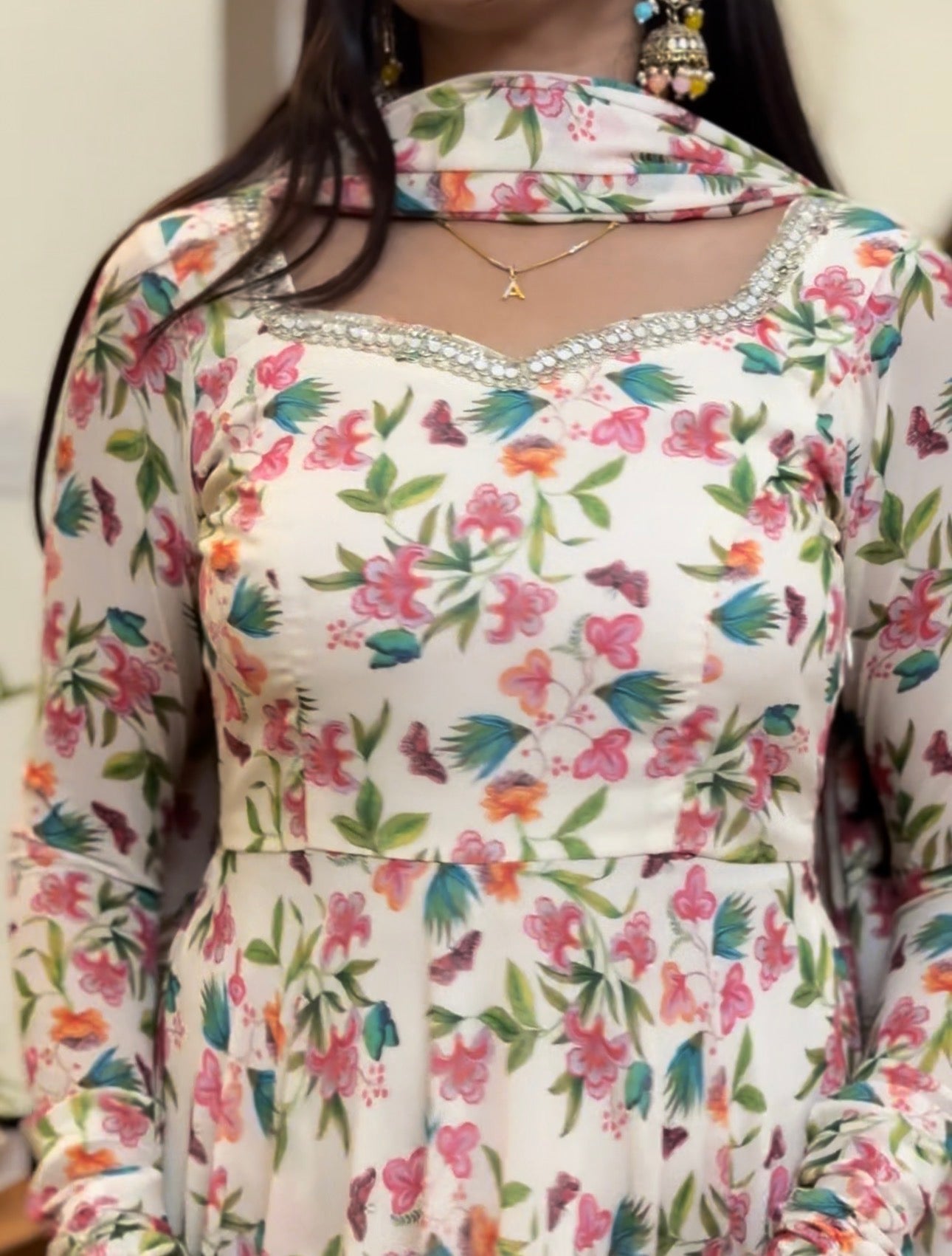 #MBA2091 Off white floral rose anarkali and dupatta