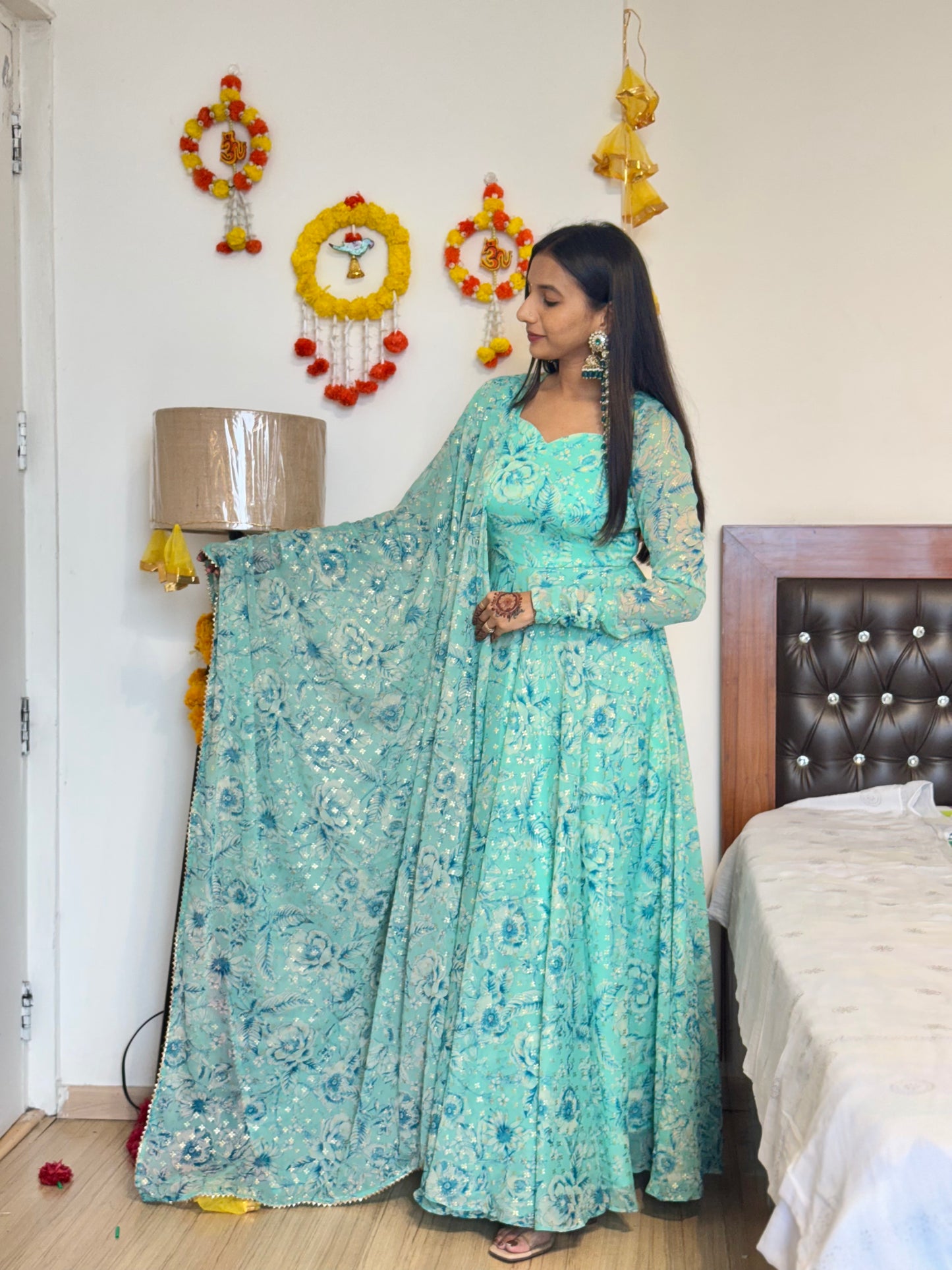 #MBA2029 Sea Green gold foil anarkali and dupatta