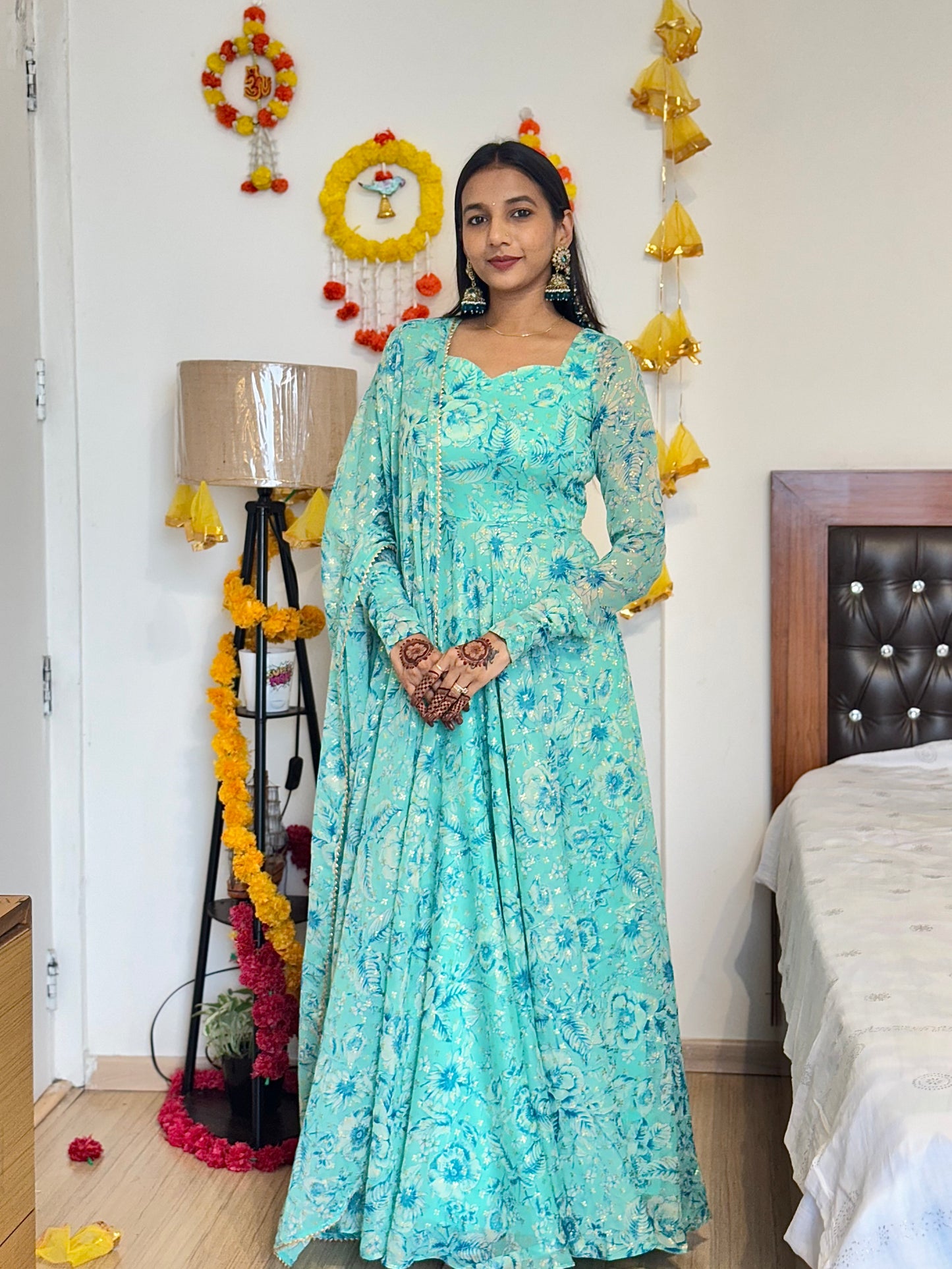 #MBA2029 Sea Green gold foil anarkali and dupatta