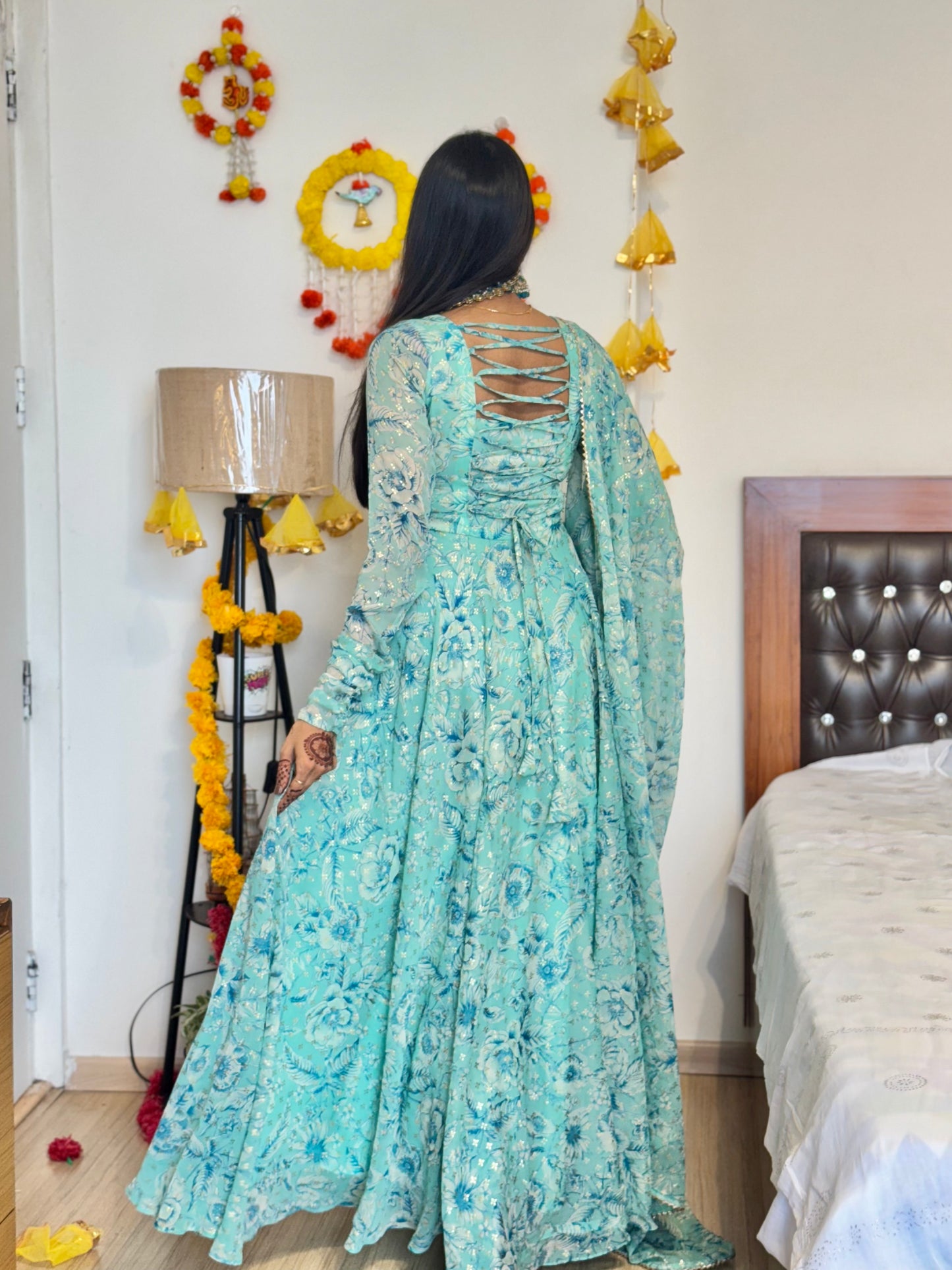#MBA2029 Sea Green gold foil anarkali and dupatta