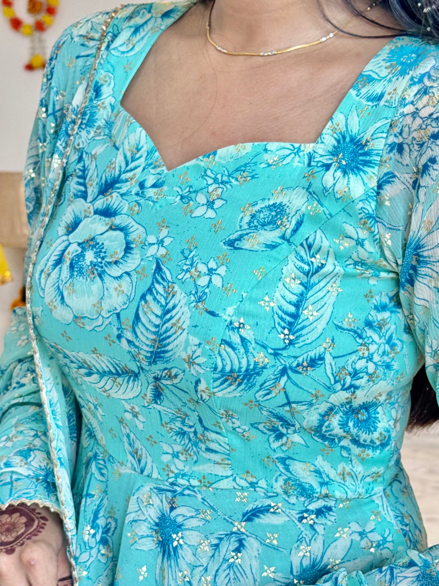 #MBA2029 Sea Green gold foil anarkali and dupatta