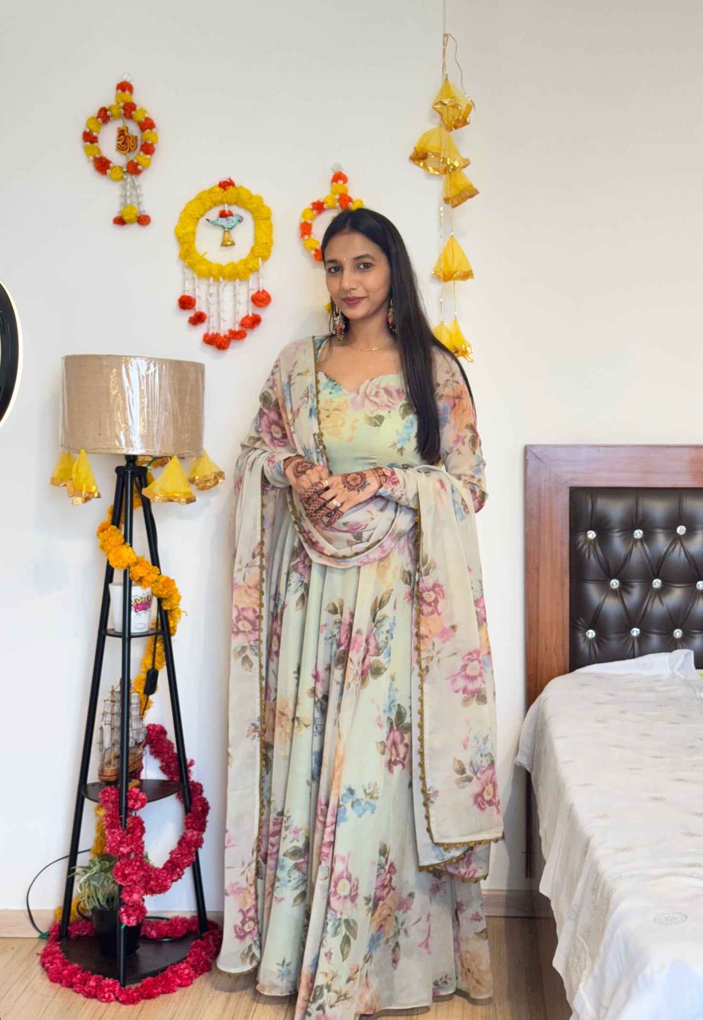 #MBA2031 Pastel olive floral anarkali and dupatta