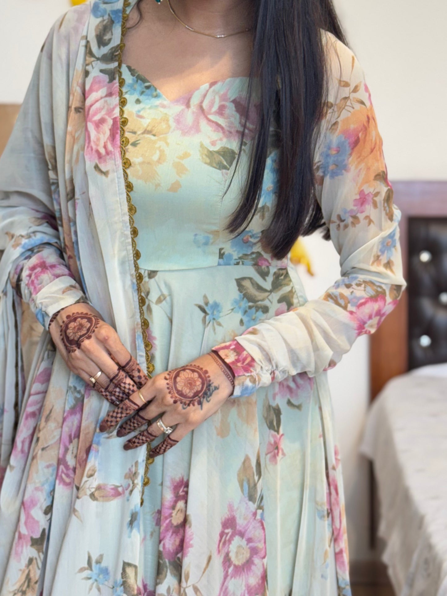 #MBA2031 Pastel olive floral anarkali and dupatta