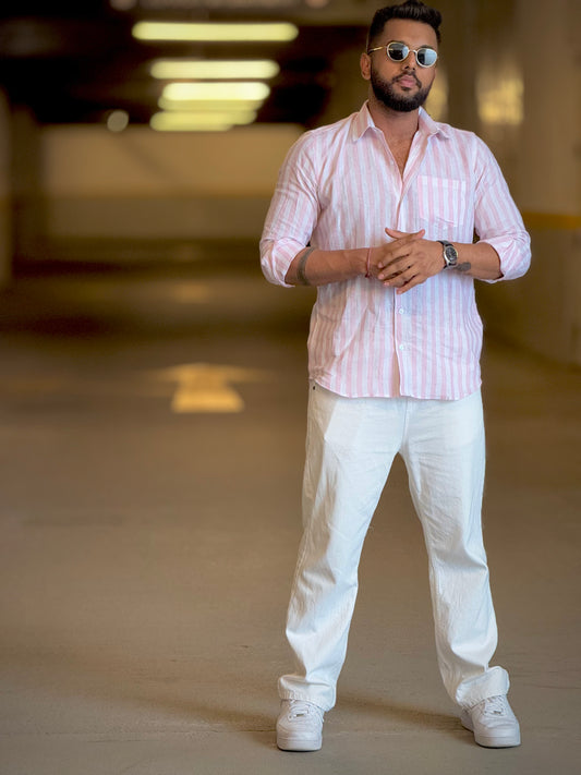 #MBA1907 Men's Pure Linen shirt- Pink striped