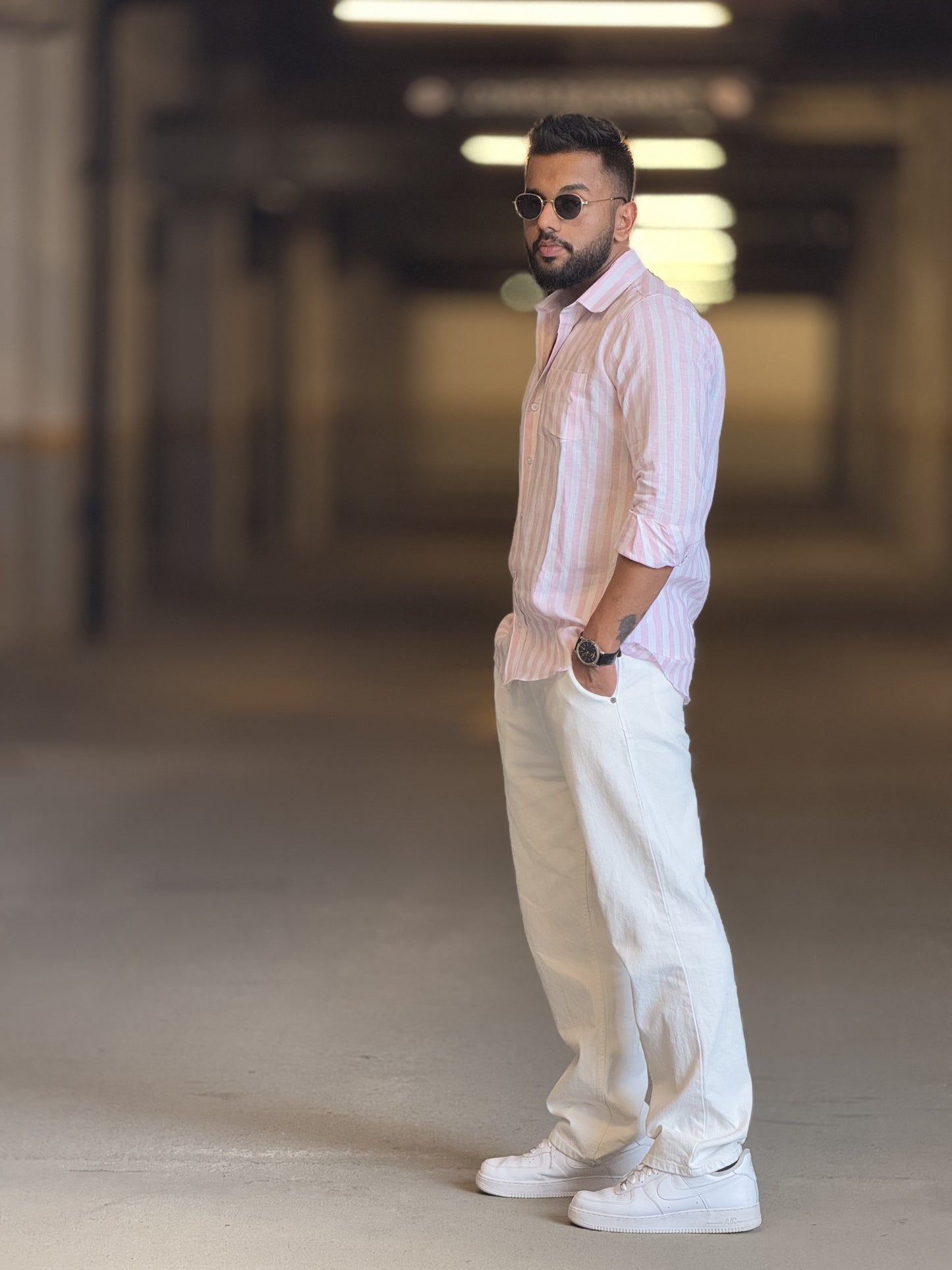 #MBA1907 Men's Pure Linen shirt- Pink striped