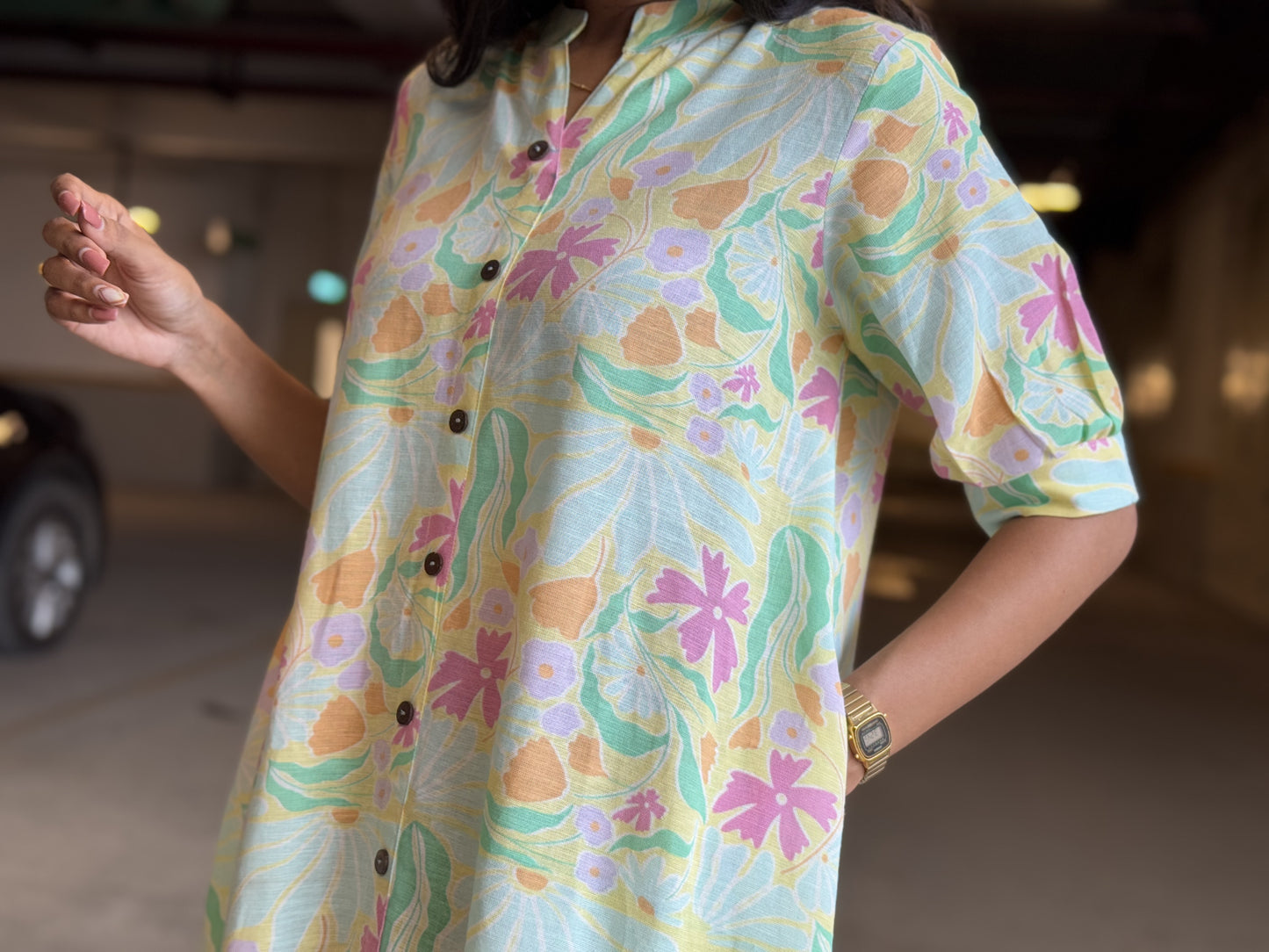 #MBA1908 Pink-pistachio floral linen dress