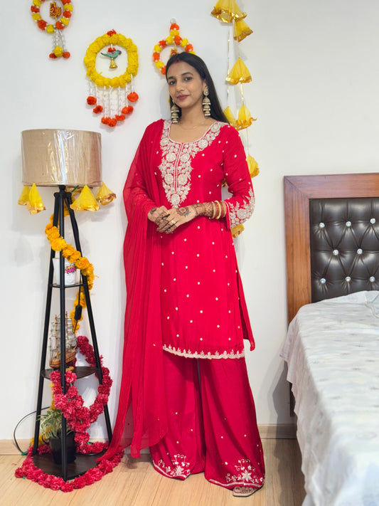 #MBA2032 Red pure chinon suit set