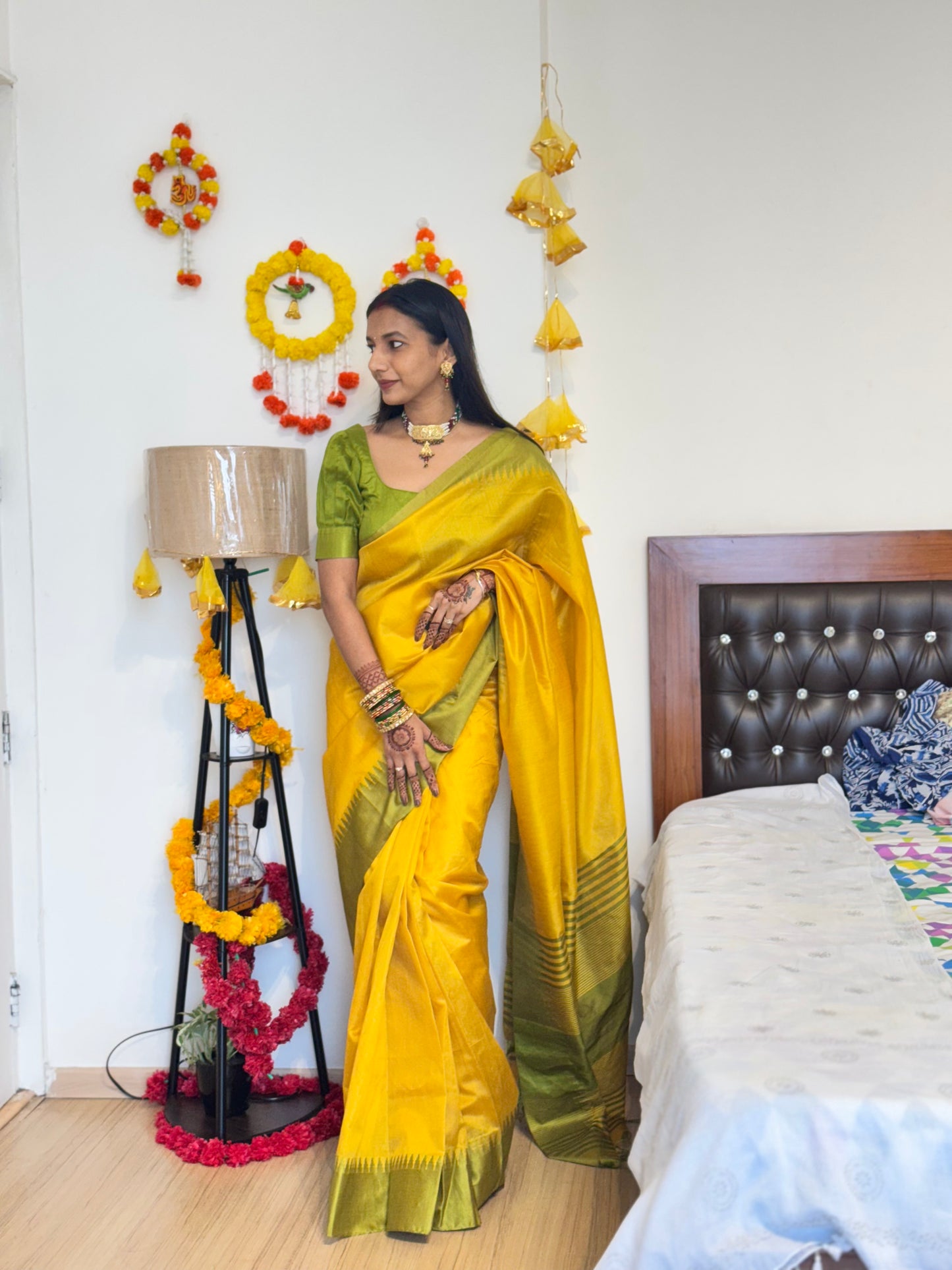 #MBA2039 Temple border 1 min silk saree and unstitched blouse -Yellow