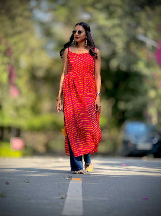 #MBA1913 Leheriya side slit kurti- Pink