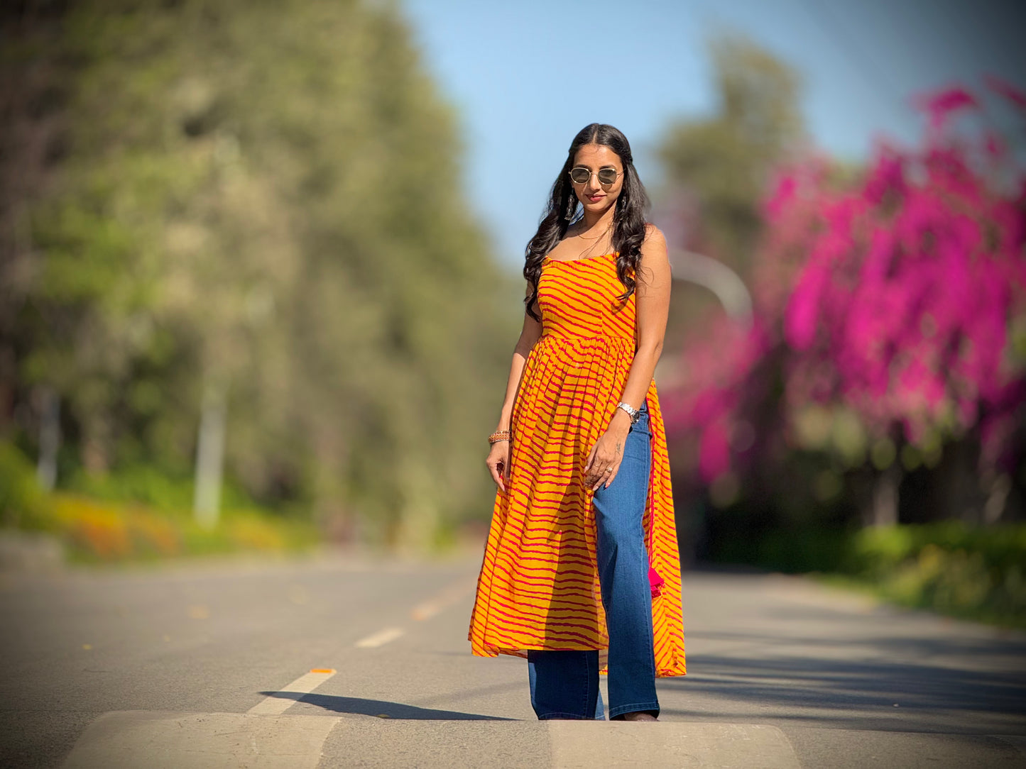 #MBA1912 Leheriya side slit kurti- Yellow