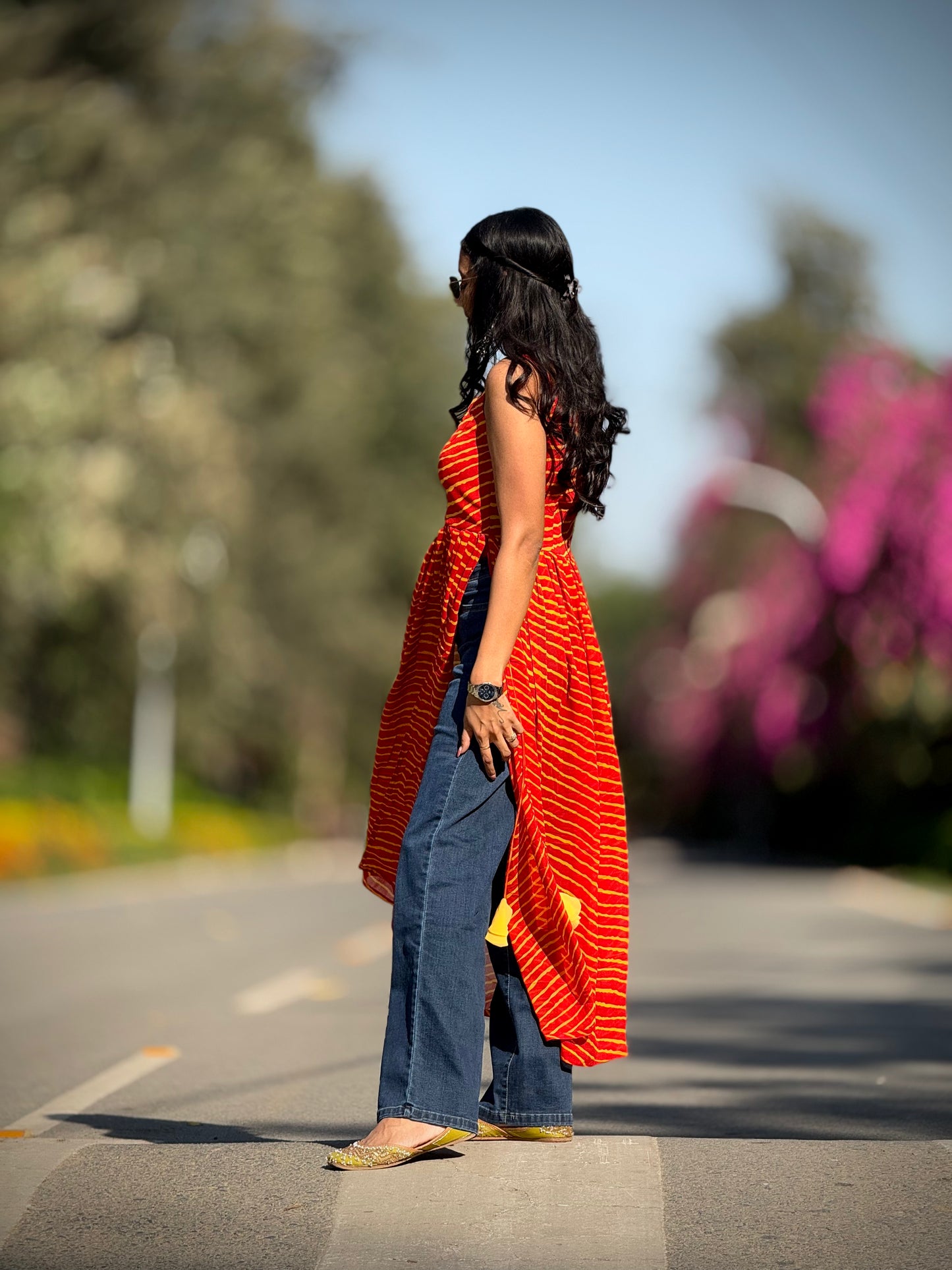 #MBA1911 Leheriya side slit kurti- Red