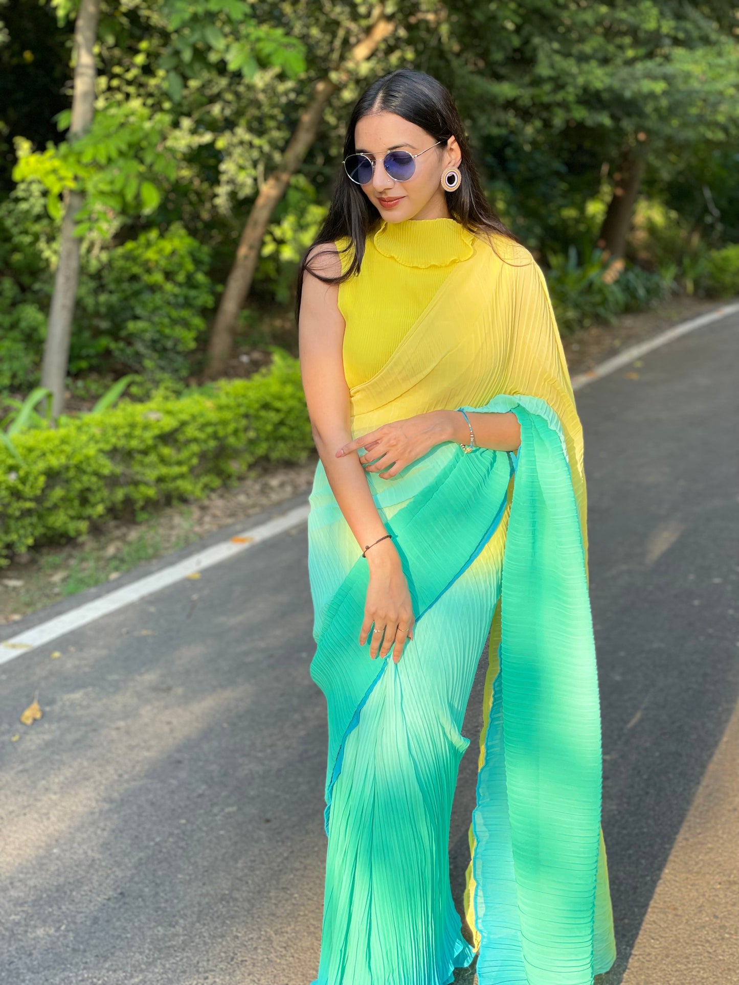 #MBA1909 Yellow ombre pleated 1 min saree and blouse