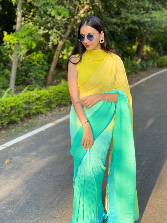 #MBA1909 Yellow ombre pleated 1 min saree and blouse