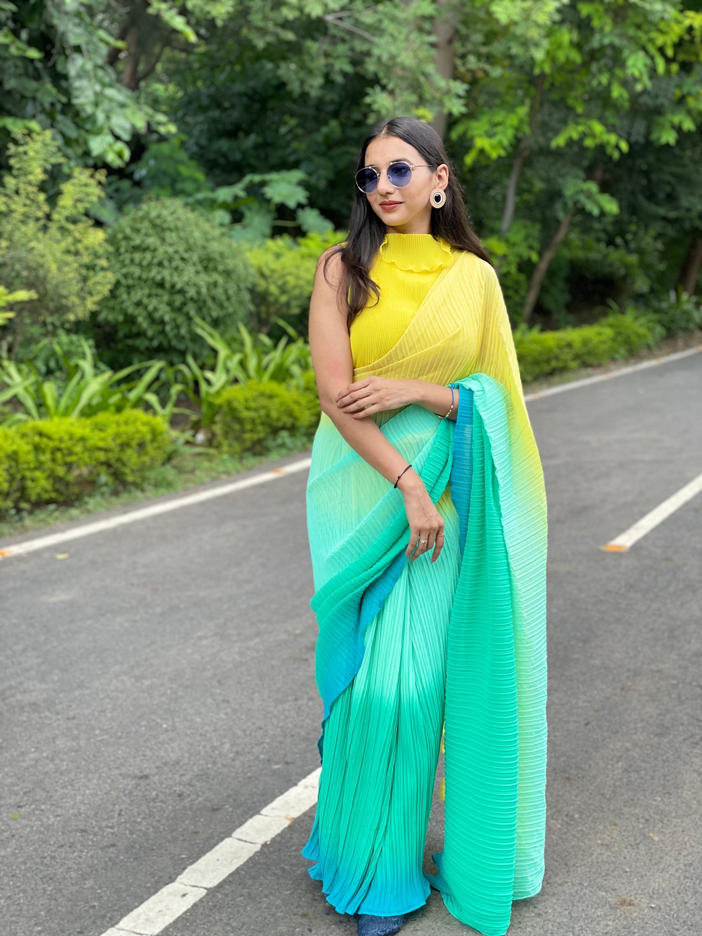#MBA1909 Yellow ombre pleated 1 min saree and blouse