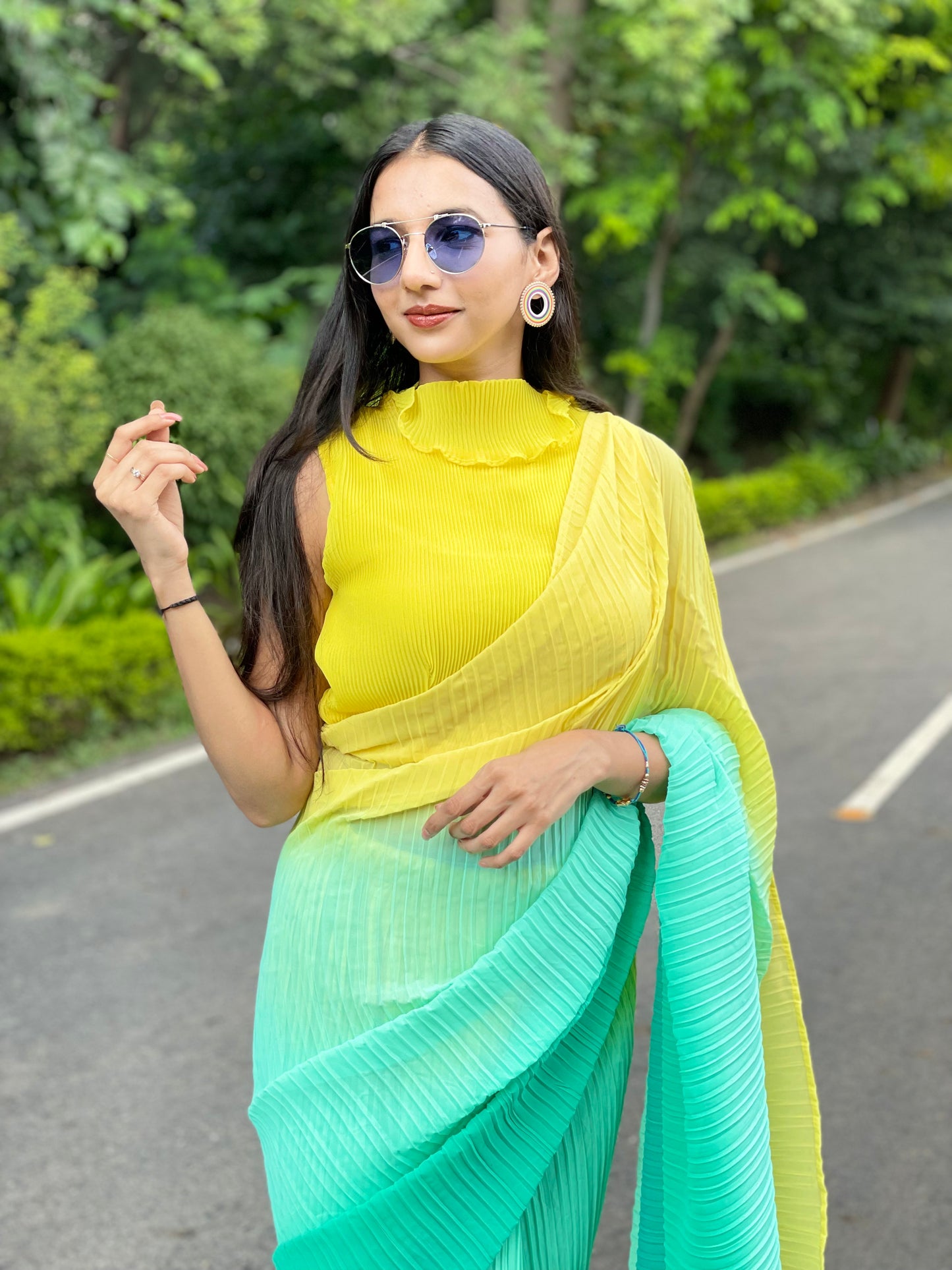 #MBA1909 Yellow ombre pleated 1 min saree and blouse