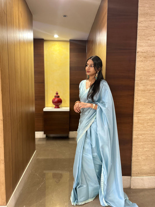 #MBA1621 Tissue silk 1 min saree and blouse- Pastel blue