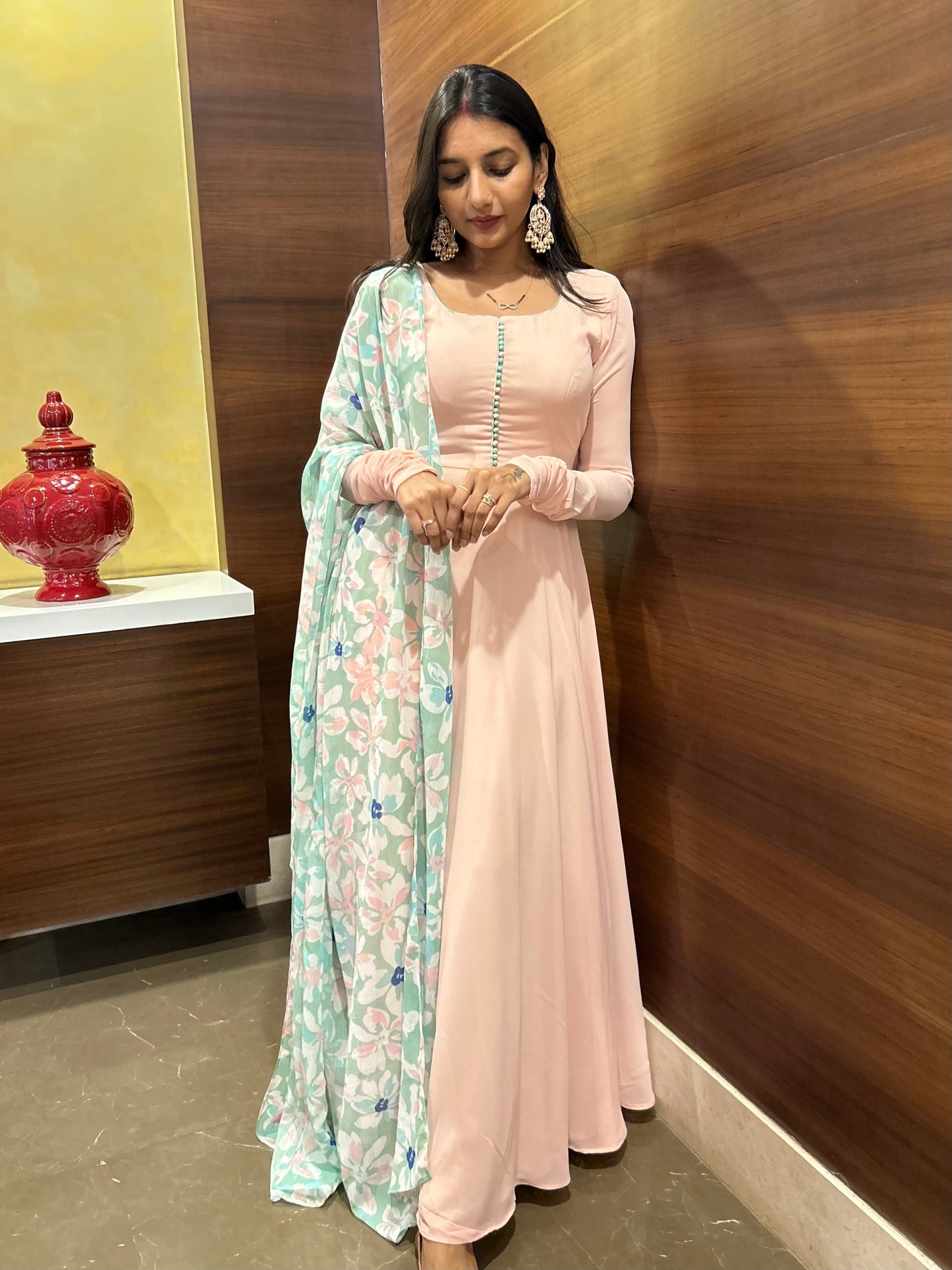 #MBA1635 Plain baby peach anarkali with Champa floral dupatta