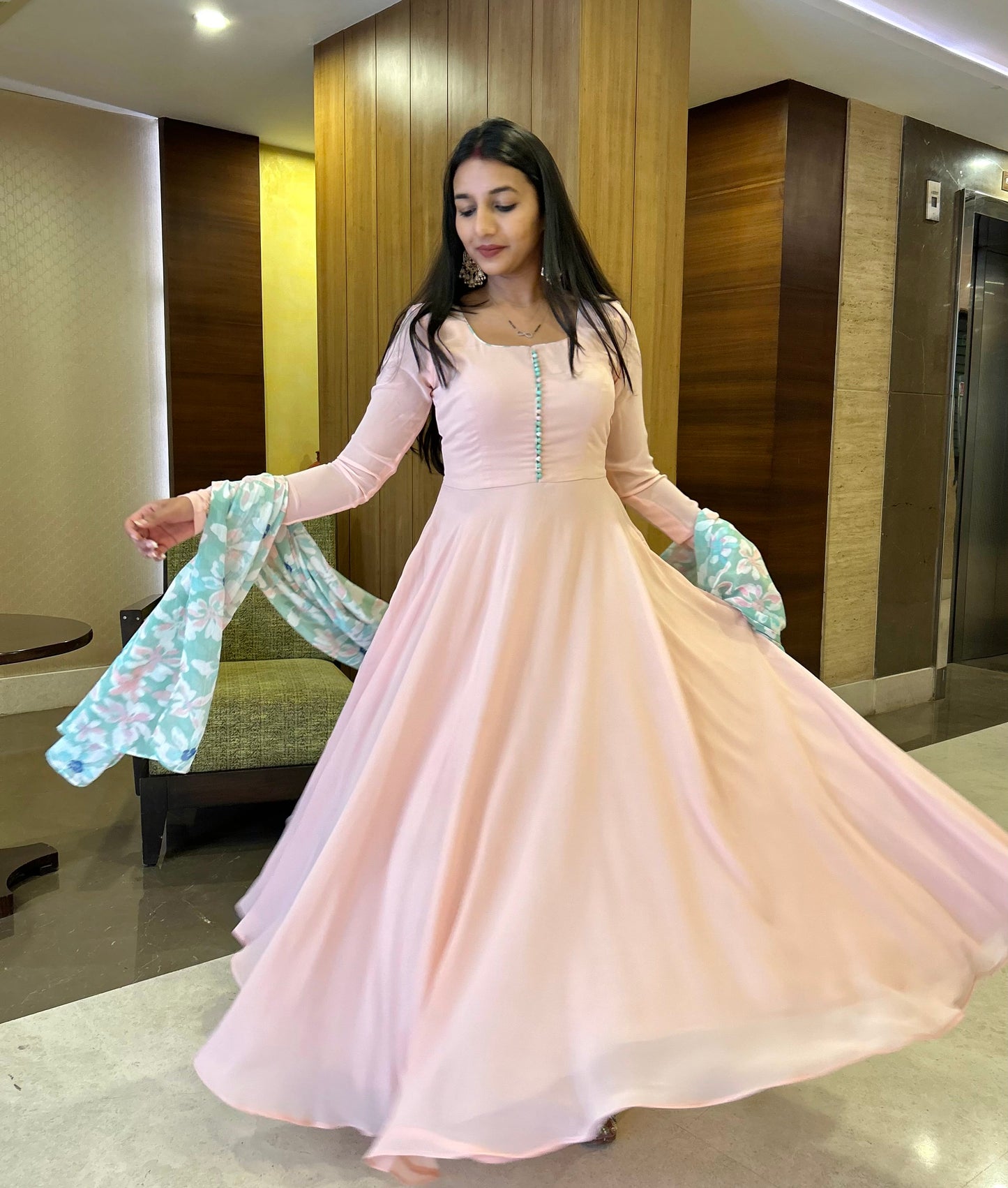 #MBA1635 Plain baby peach anarkali with Champa floral dupatta