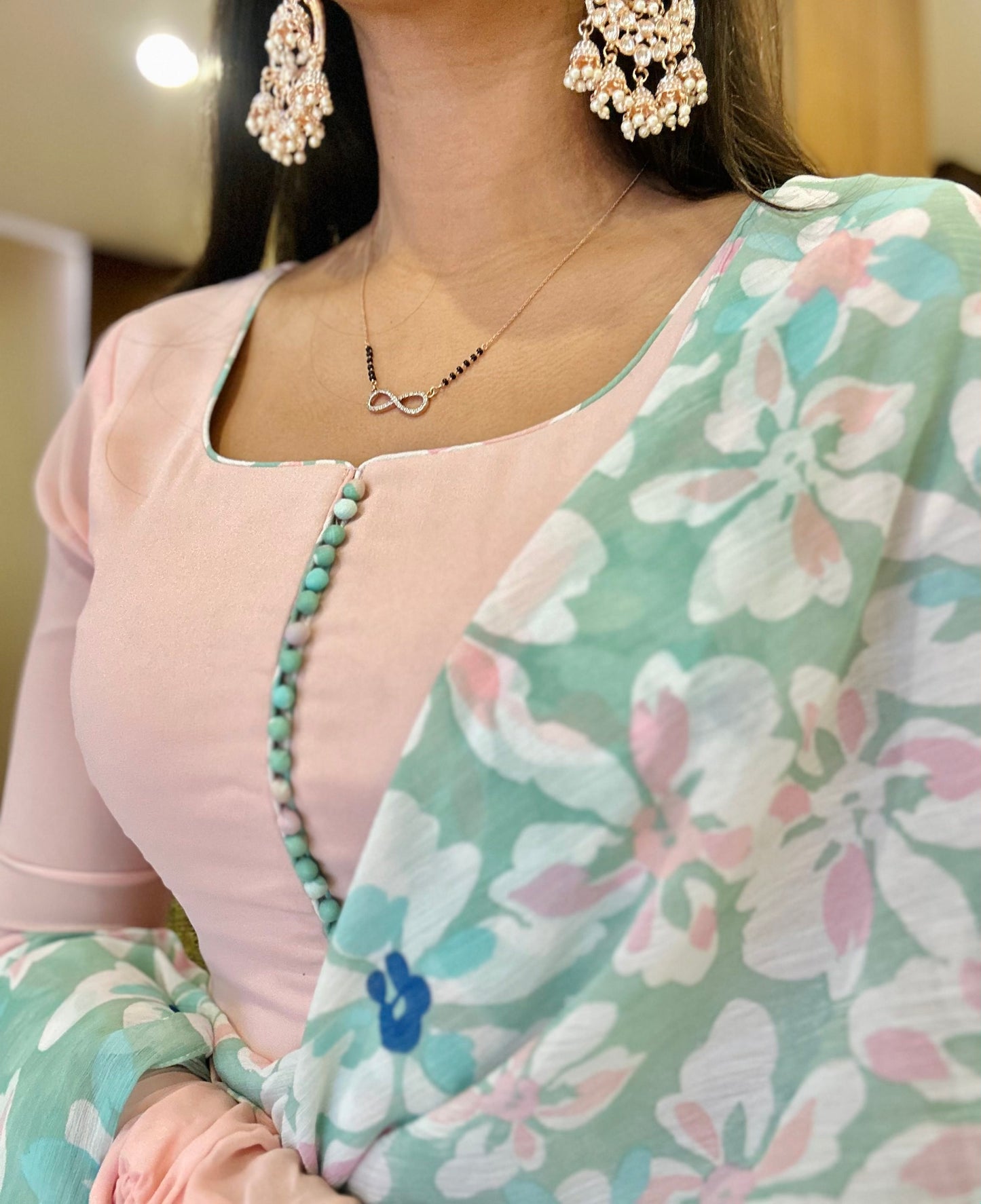 #MBA1635 Plain baby peach anarkali with Champa floral dupatta