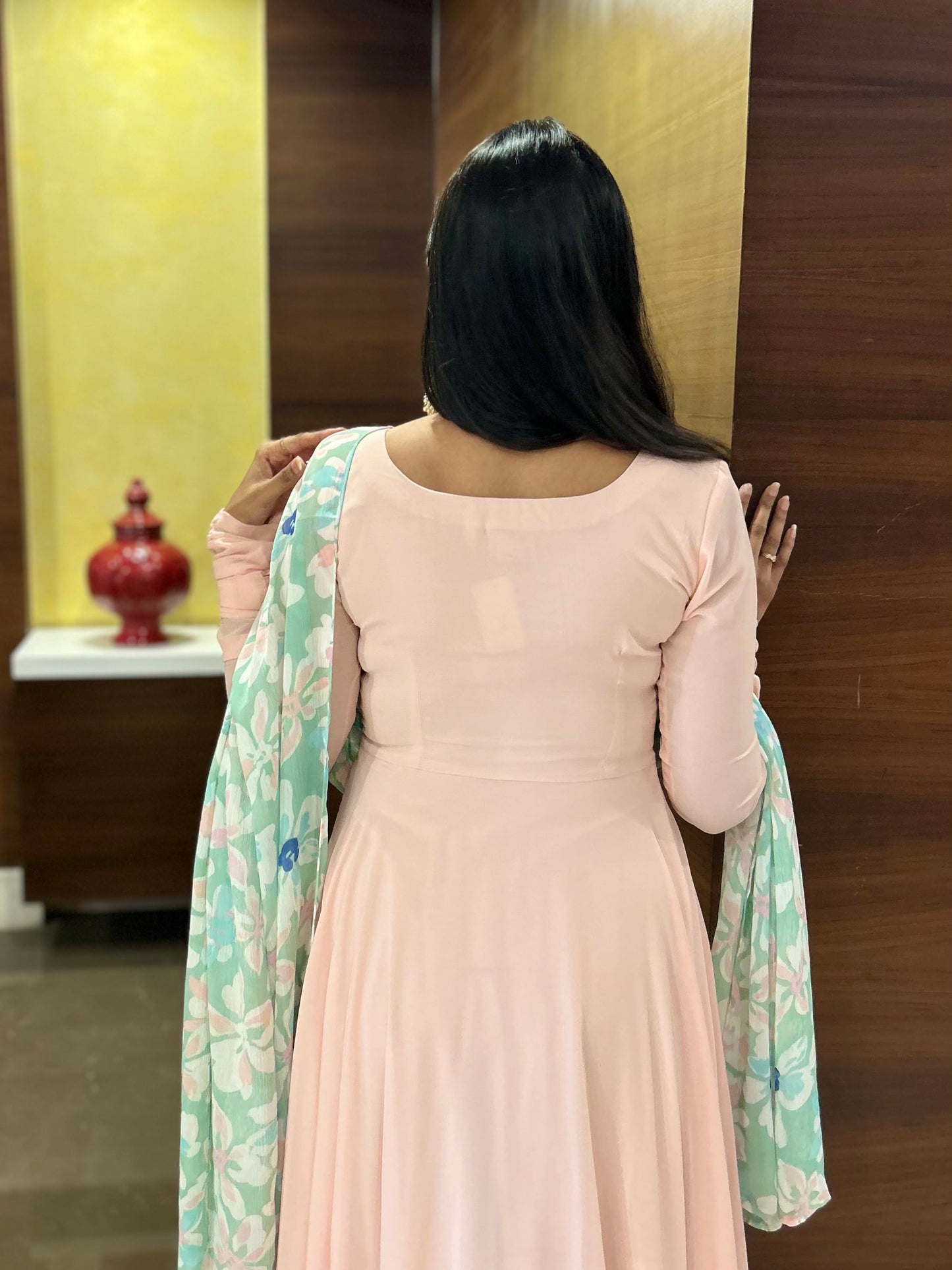 #MBA1635 Plain baby peach anarkali with Champa floral dupatta