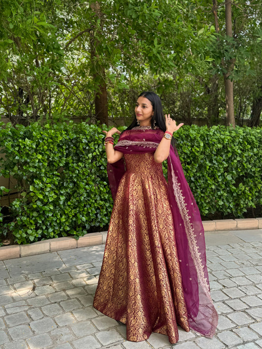 #MBA1683 Pure brocade silk anarkali with organza dupatta-wine