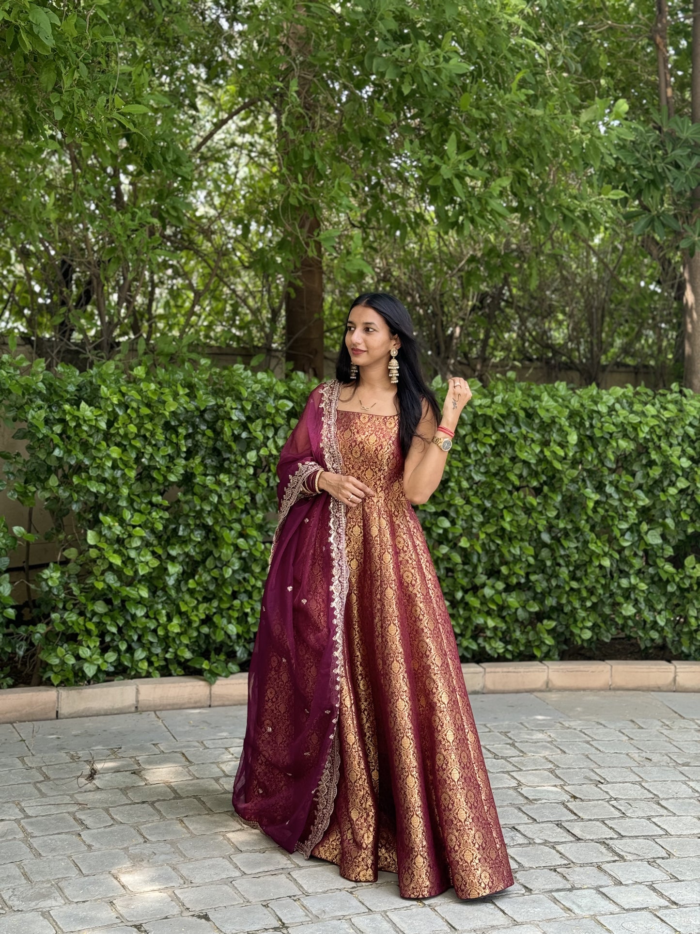 #MBA1683 Pure brocade silk anarkali with organza dupatta-wine