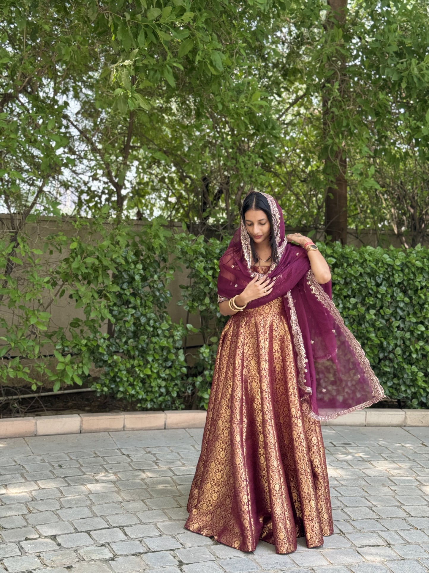 #MBA1683 Pure brocade silk anarkali with organza dupatta-wine