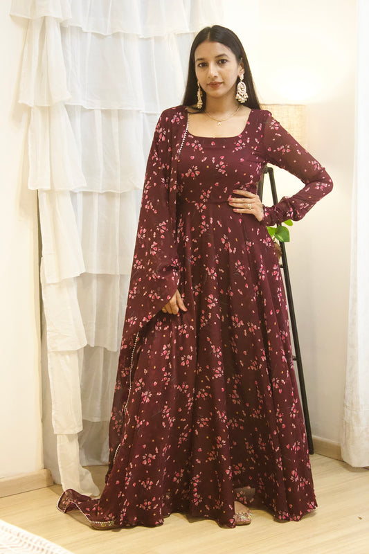 #MBA1944 Maroon floral anarkali and dupatta