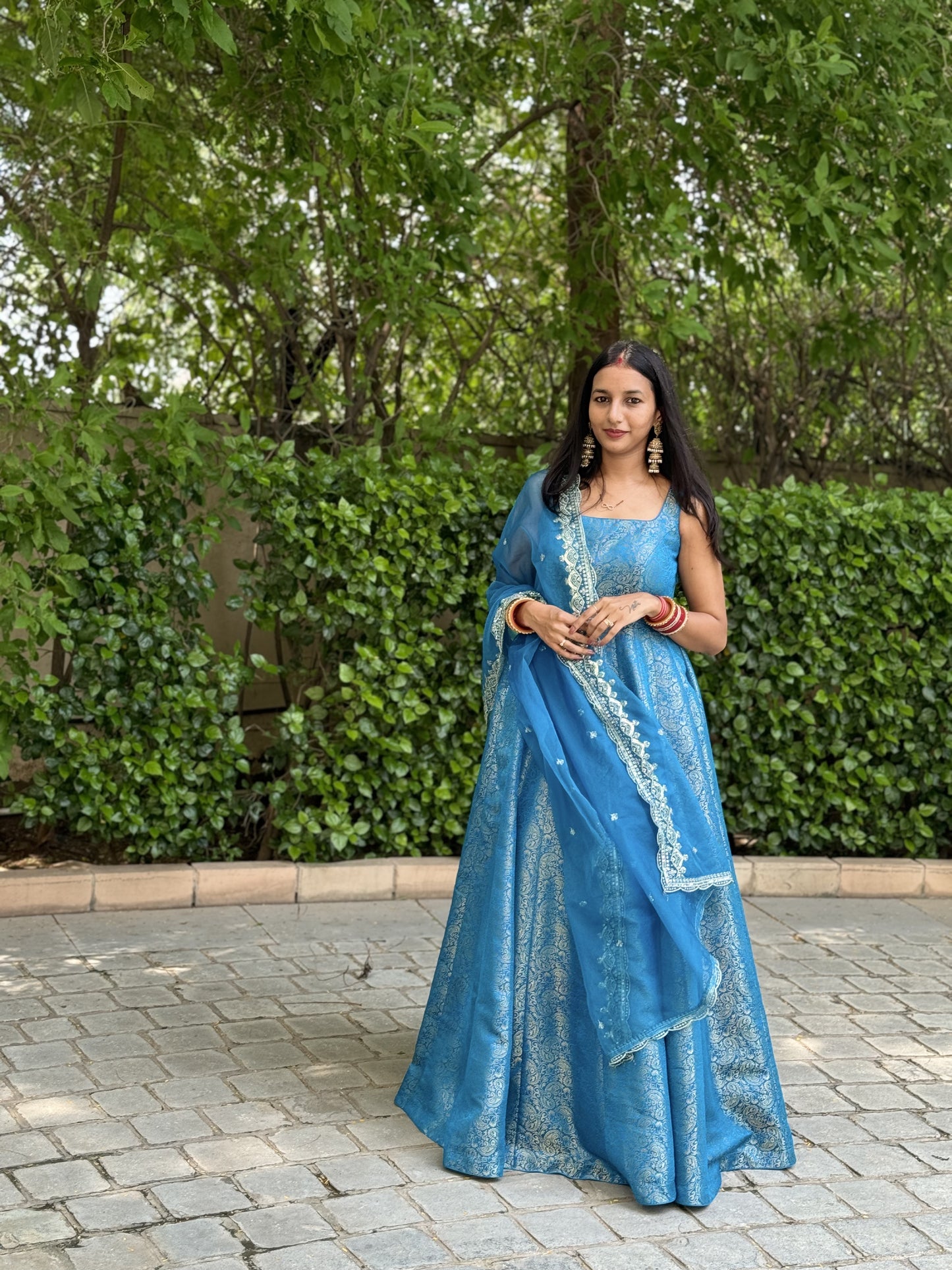 #MBA1684 Pure brocade silk anarkali with organza dupatta-Blue
