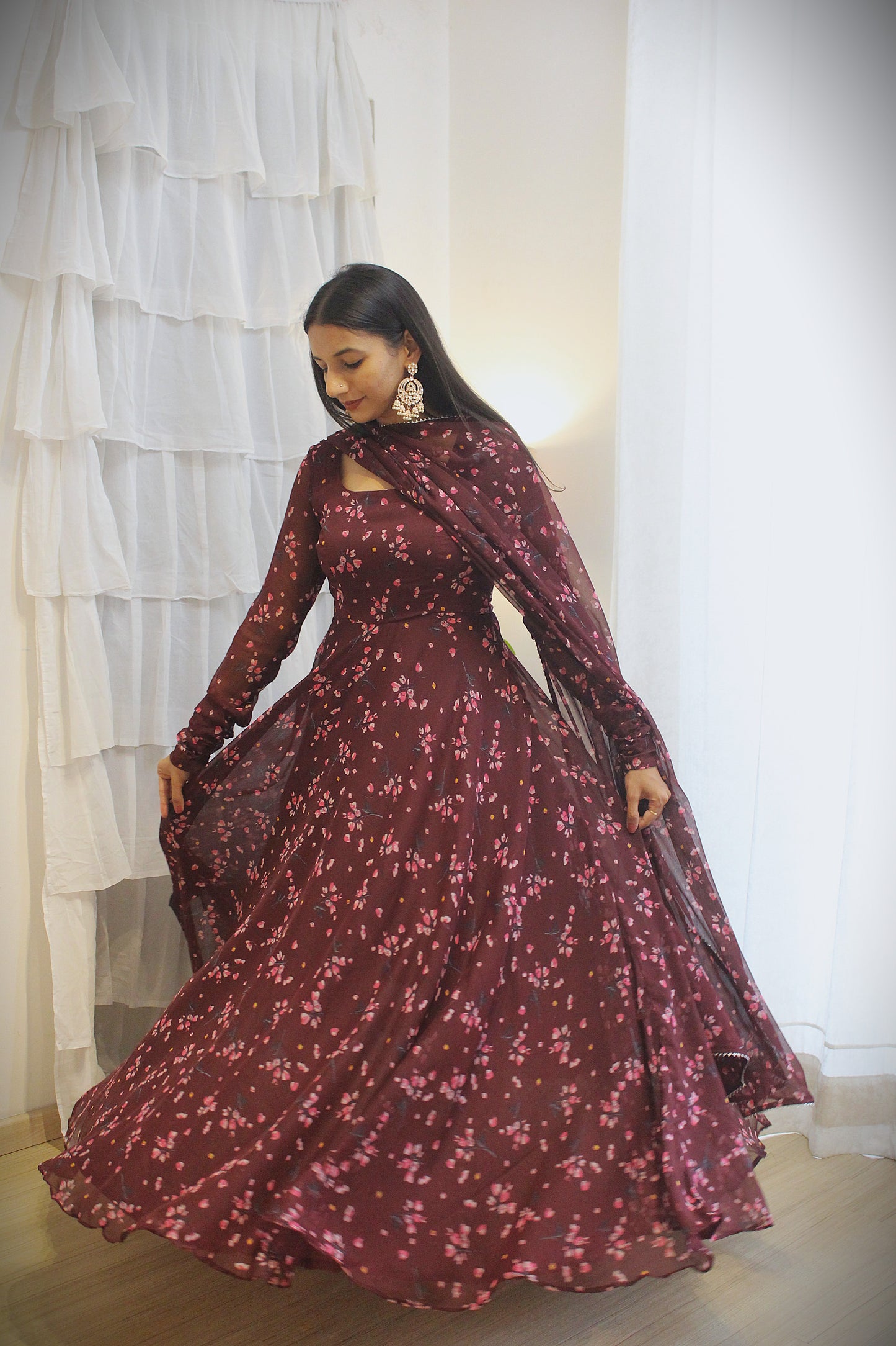 #MBA1944 Maroon floral anarkali and dupatta