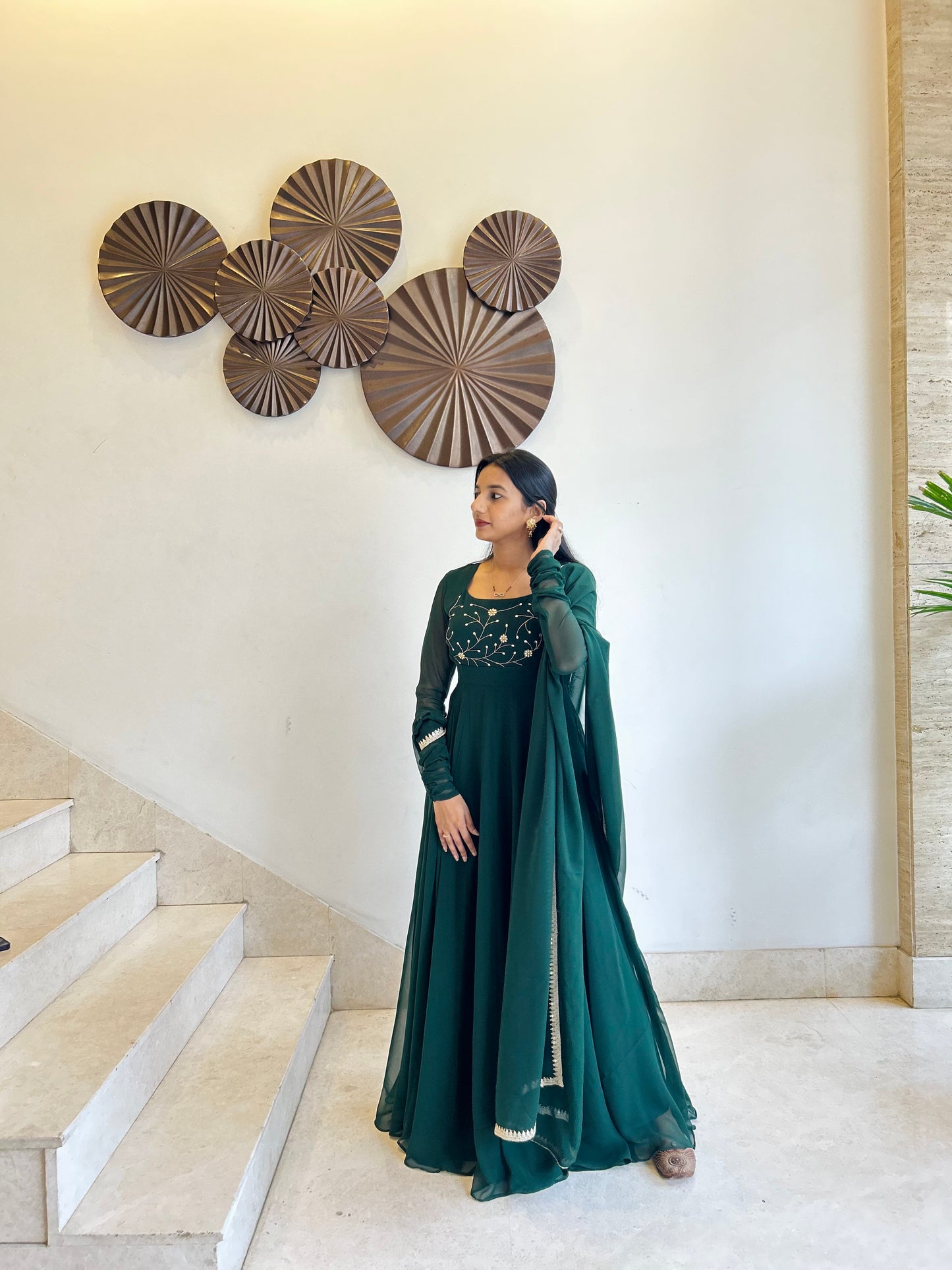 #MBA1648 Bottle green yoke hand embroidered anarkali and dupatta