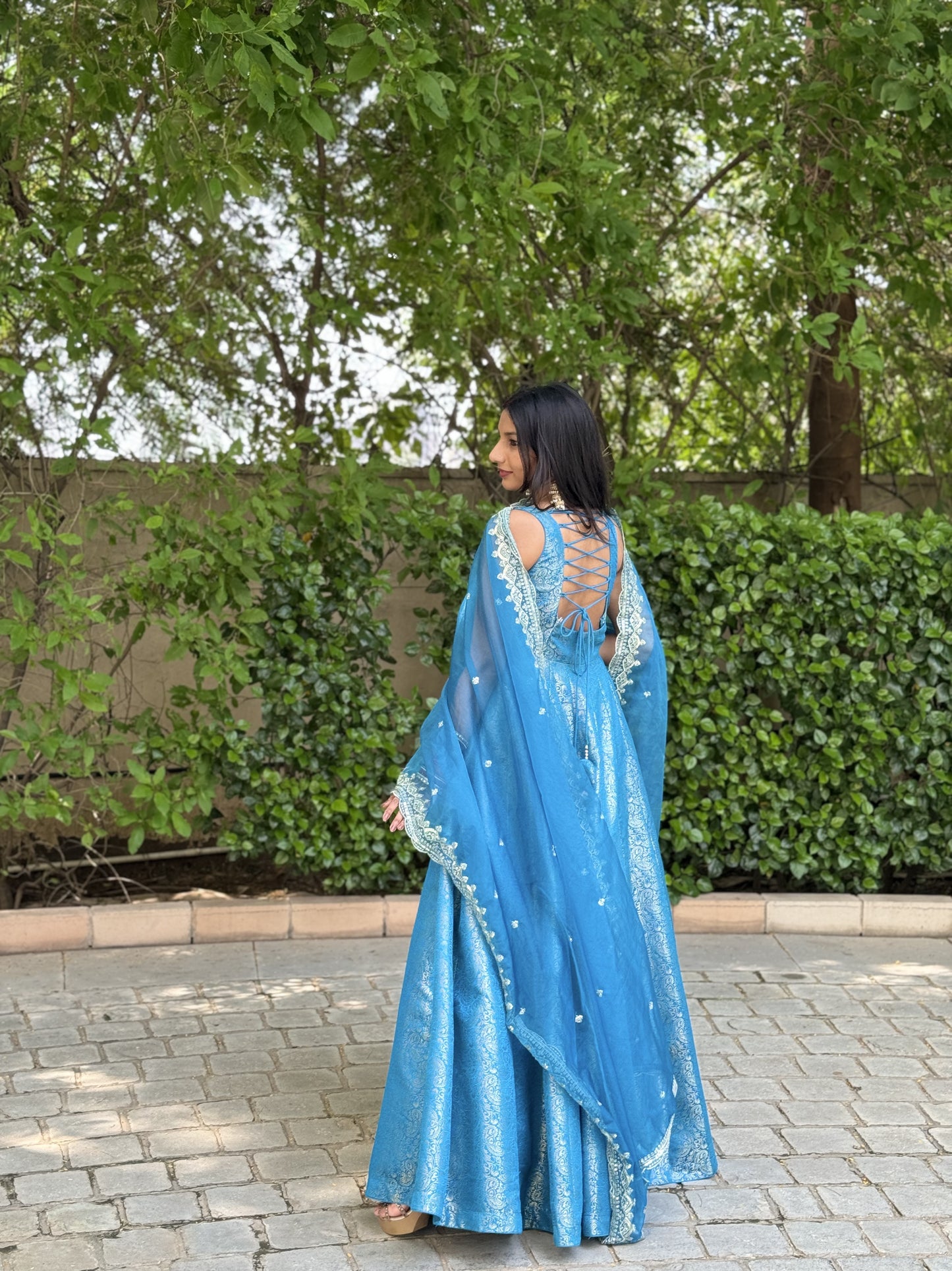 #MBA1684 Pure brocade silk anarkali with organza dupatta-Blue